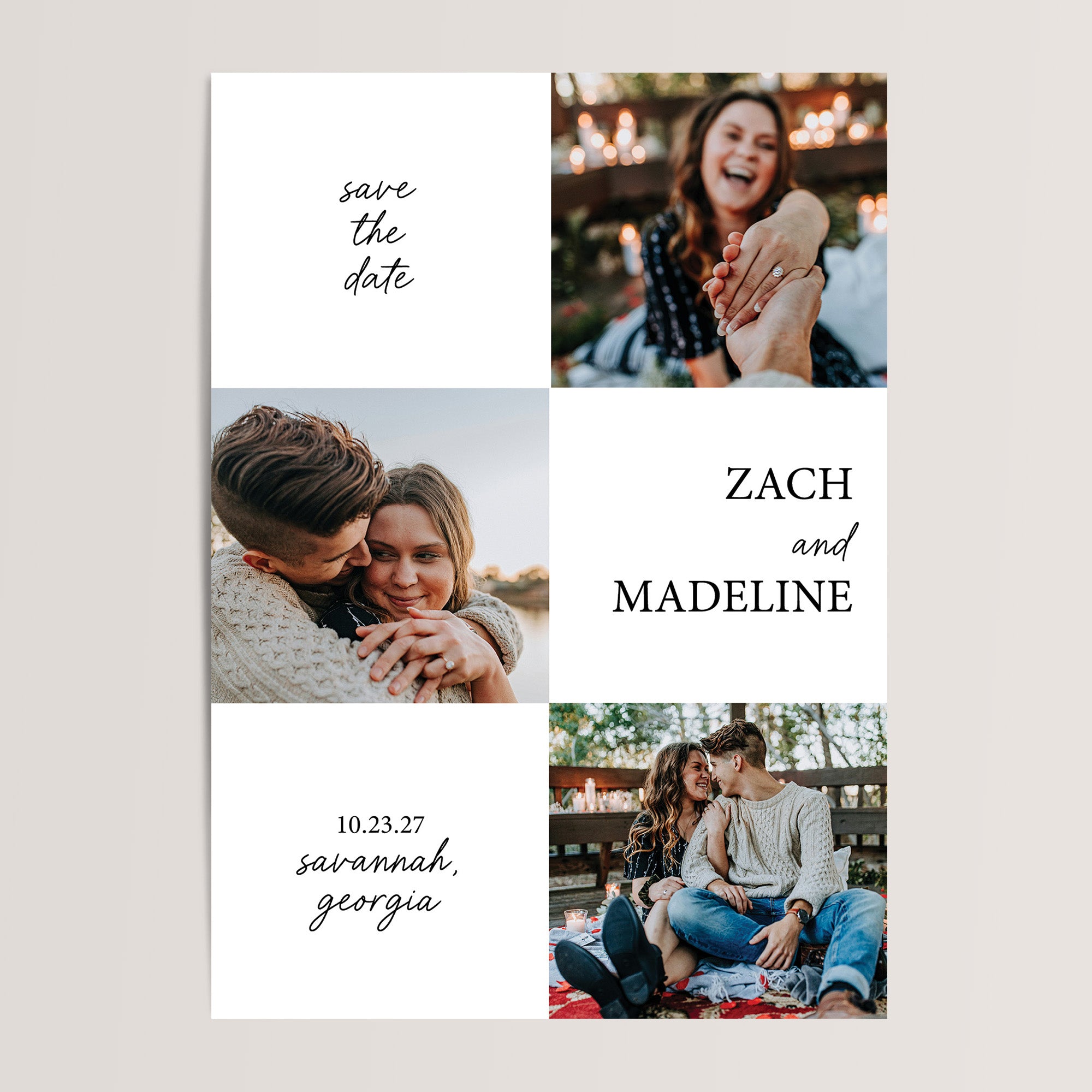 Photo Collage Wedding Save the Date Cards with 3 Photos
Showcase your love story with this sleek and stylish design. Featuring three of your favorite engagement photos and a modern, minimalist layout, these cards combine personal touches with contemporary elegance, creating a memorable announcement for your special day.