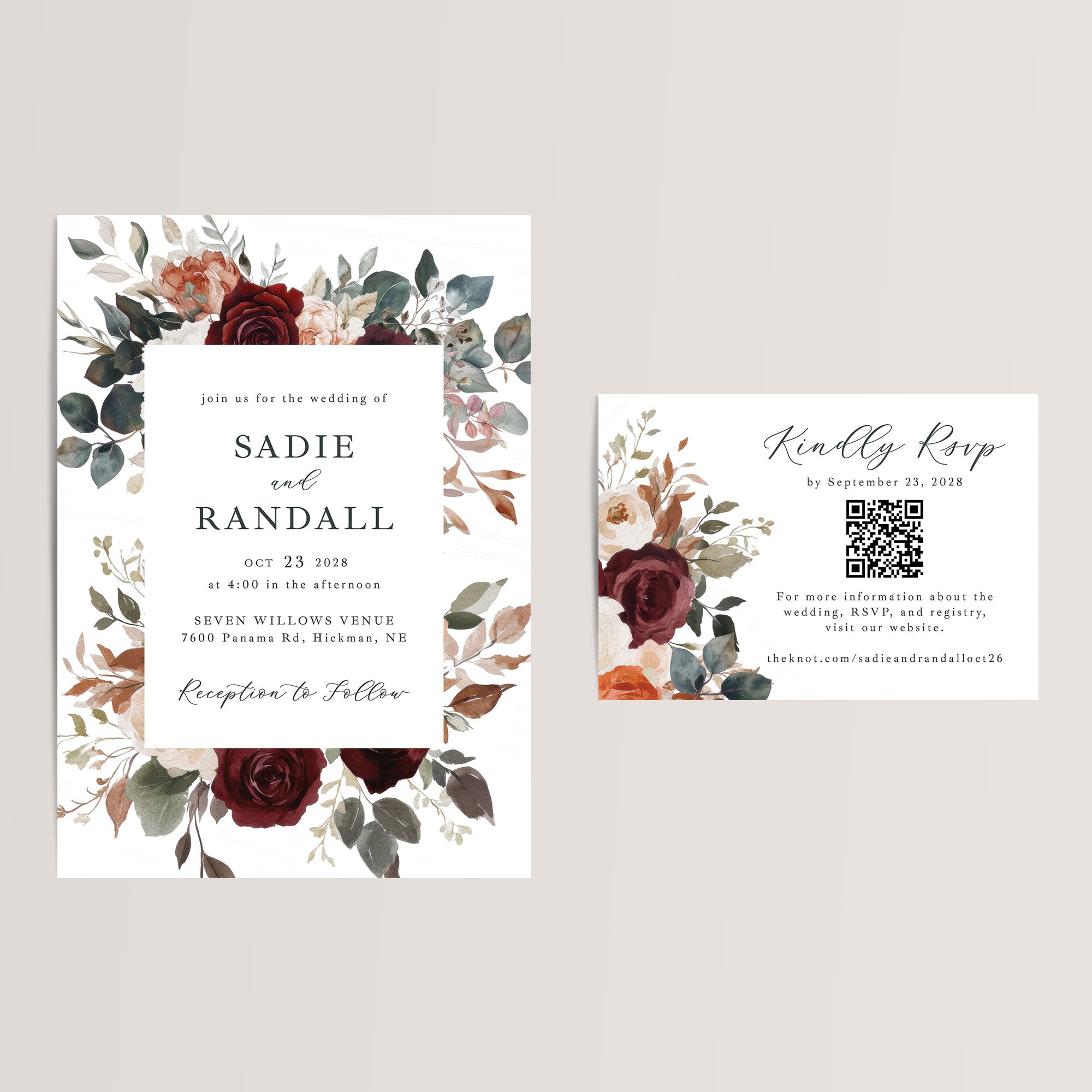 Elegant and budget-friendly, our burgundy floral wedding invitation suite is the perfect choice for your fall or winter celebration. Printed on smooth, thick cardstock, each RSVP/details card includes a scannable QR code for easy access to your wedding website, ensuring your guests have all the important details at their fingertips and can RSVP there too.