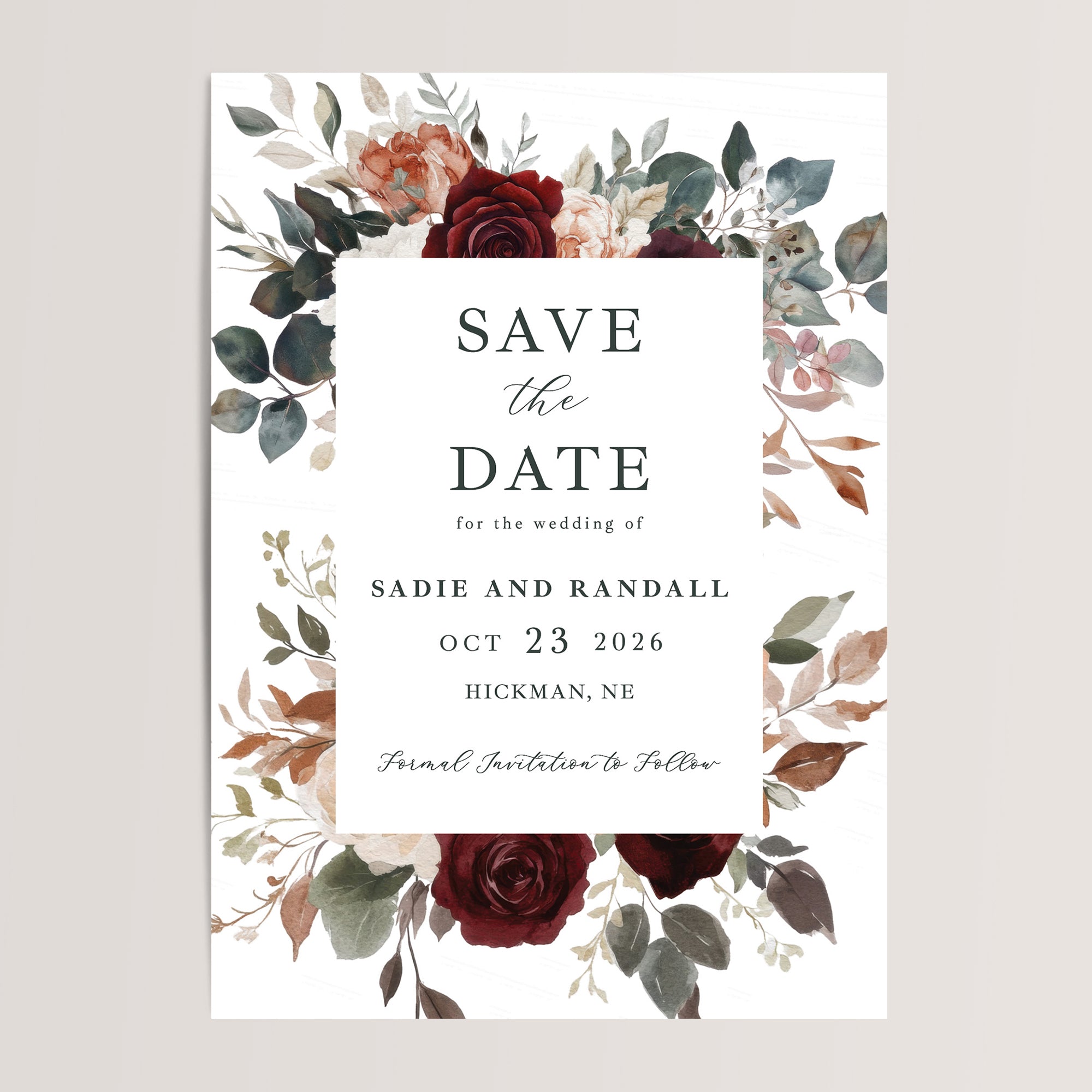 Featuring a burgundy floral design, these cards are the perfect way to announce your wedding. Ideal for couples looking to set the tone for a cozy and earthy event.