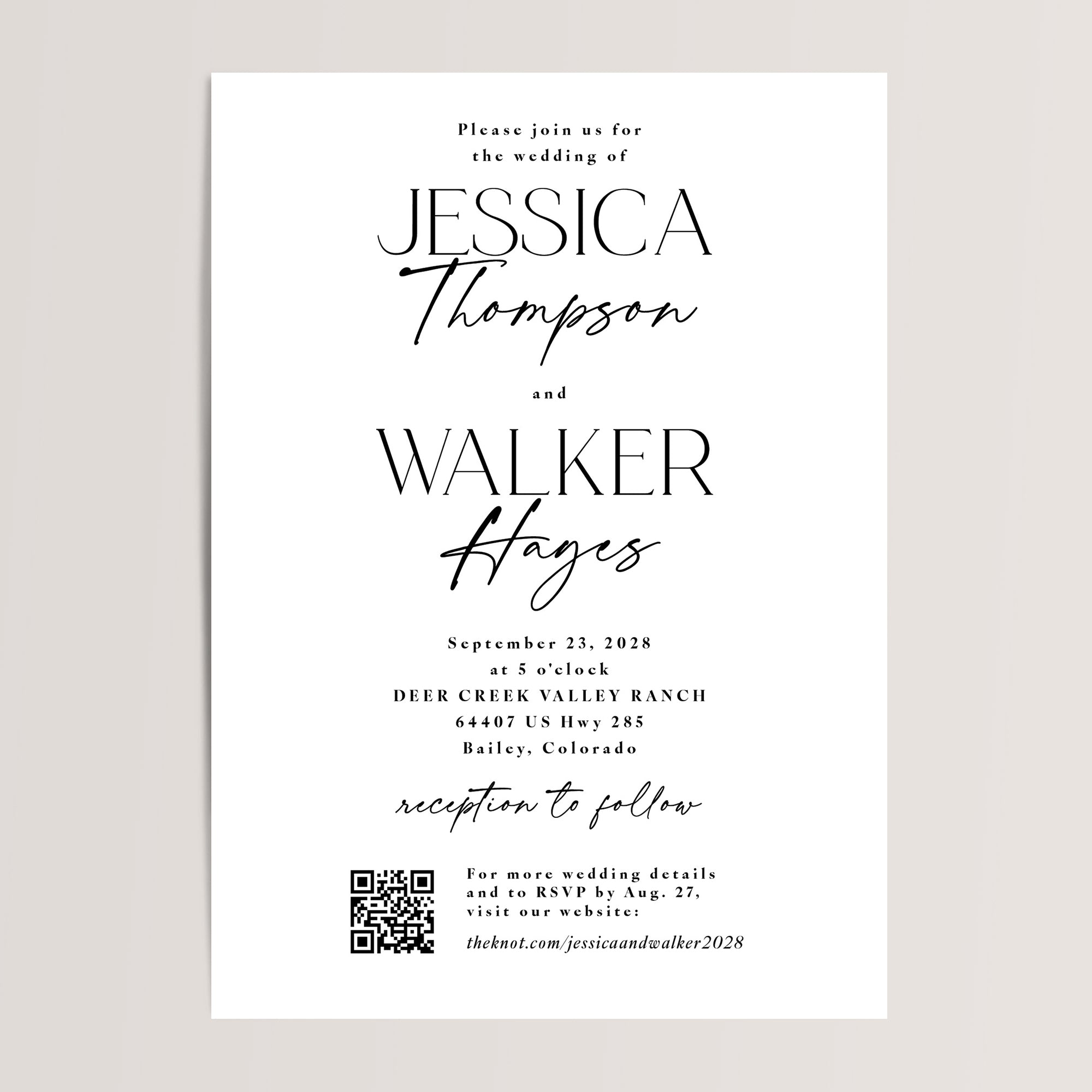 Modern and classy, these wedding invitations feature a chic mix of script and serif fonts. Designed for both elegance and convenience, they include a QR code for easy guest RSVPs to your wedding website. Perfect for contemporary weddings, this suite ensures your guests have all the important details in a beautifully refined format.