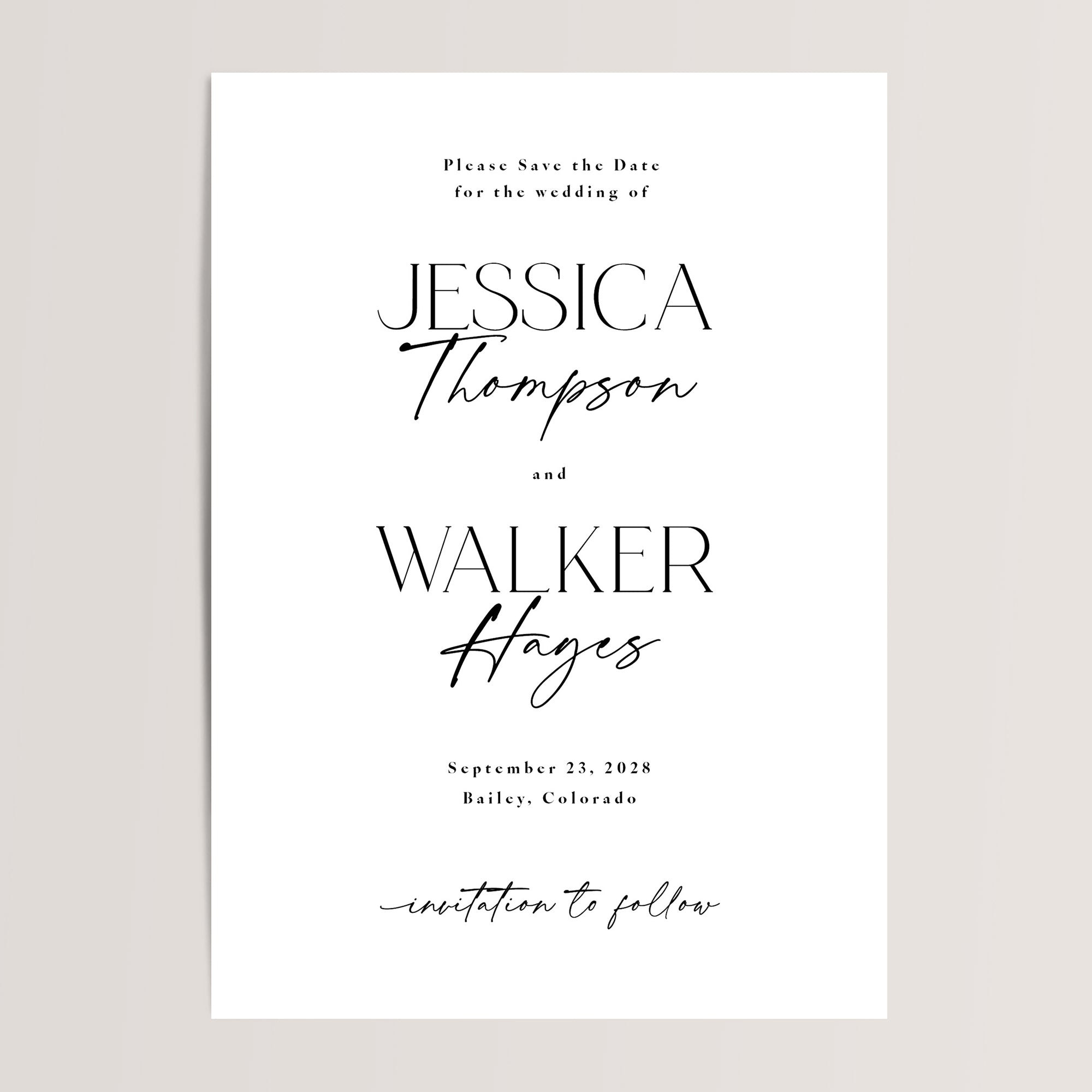 Announce your wedding with timeless elegance using these simple, black-and-white save the date cards. Designed with a blend of script and serif fonts, these minimalist cards offer a stylish and budget-friendly way to share your exciting news. Perfect for couples seeking a modern and sophisticated touch.