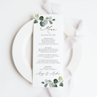 Printed eucalyptus wedding menu cards that are personalized for you.