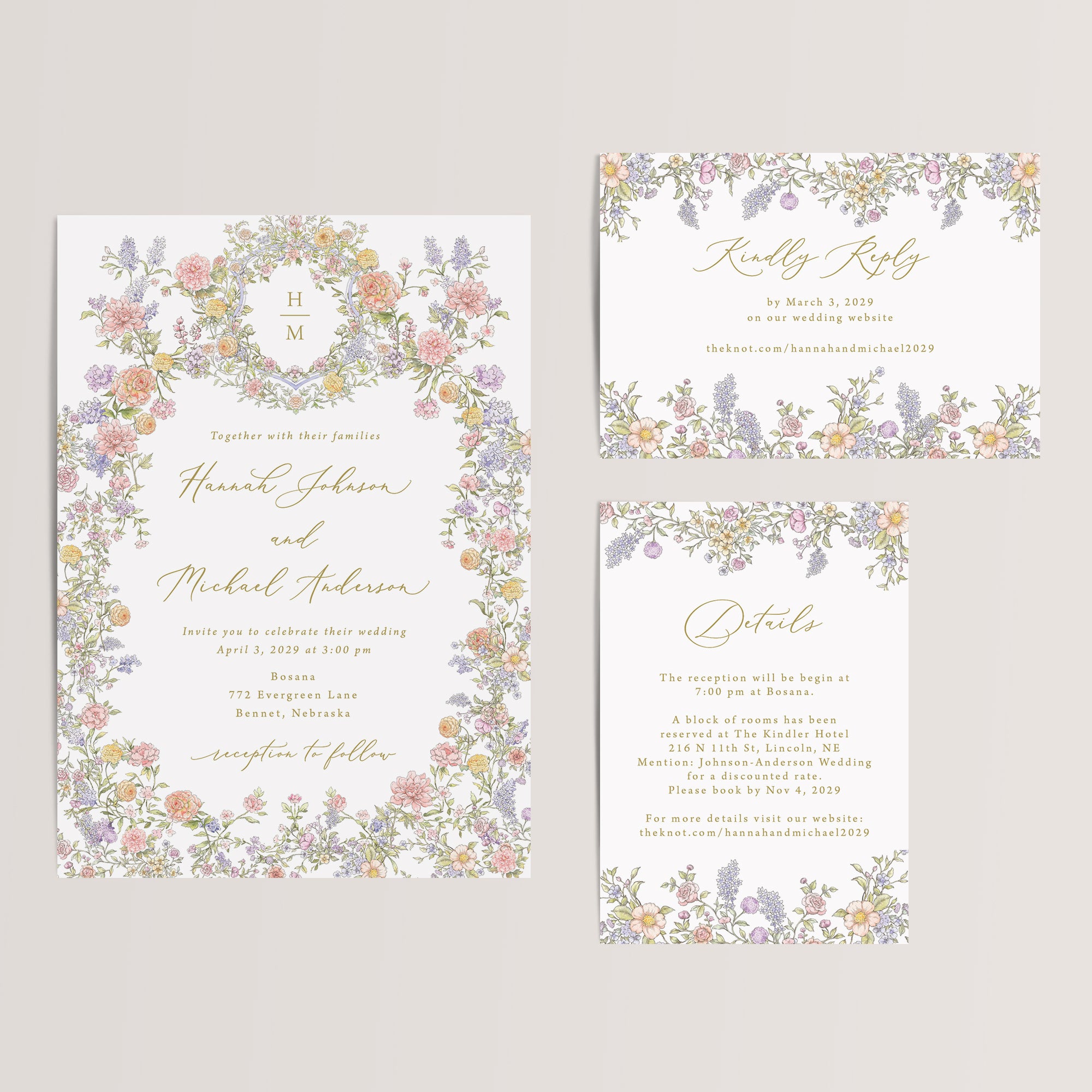 Set the tone for your regency era wedding with this pastel floral wedding invitation suite with gold ink, featuring a beautifully coordinated invitation, RSVP card, and wedding details card. Soft watercolor florals in shades of pink, peach, yellow, blue and purple create a romantic and elegant look that feels timeless yet fresh.