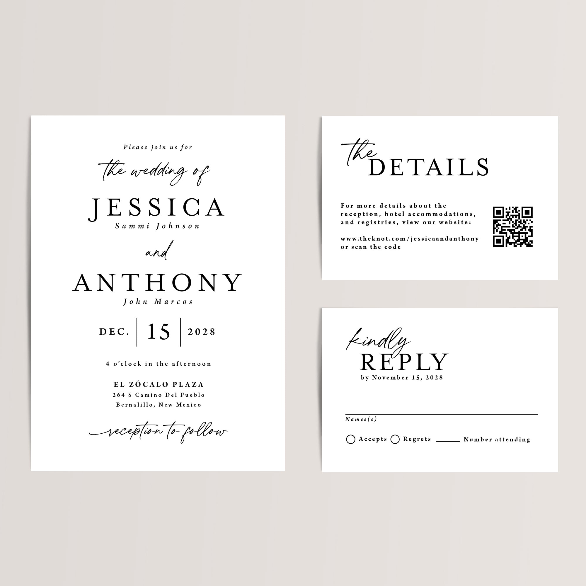 Modern Minimalist Neutral Wedding Invitation Suite
Make a bold statement with our Modern Minimalist Wedding Invitation Suite. Perfect for contemporary and elegant celebrations, this affordable suite includes a wedding invitation, RSVP card, and details card, all featuring a soft neutral design with clean typography and understated sophistication.
