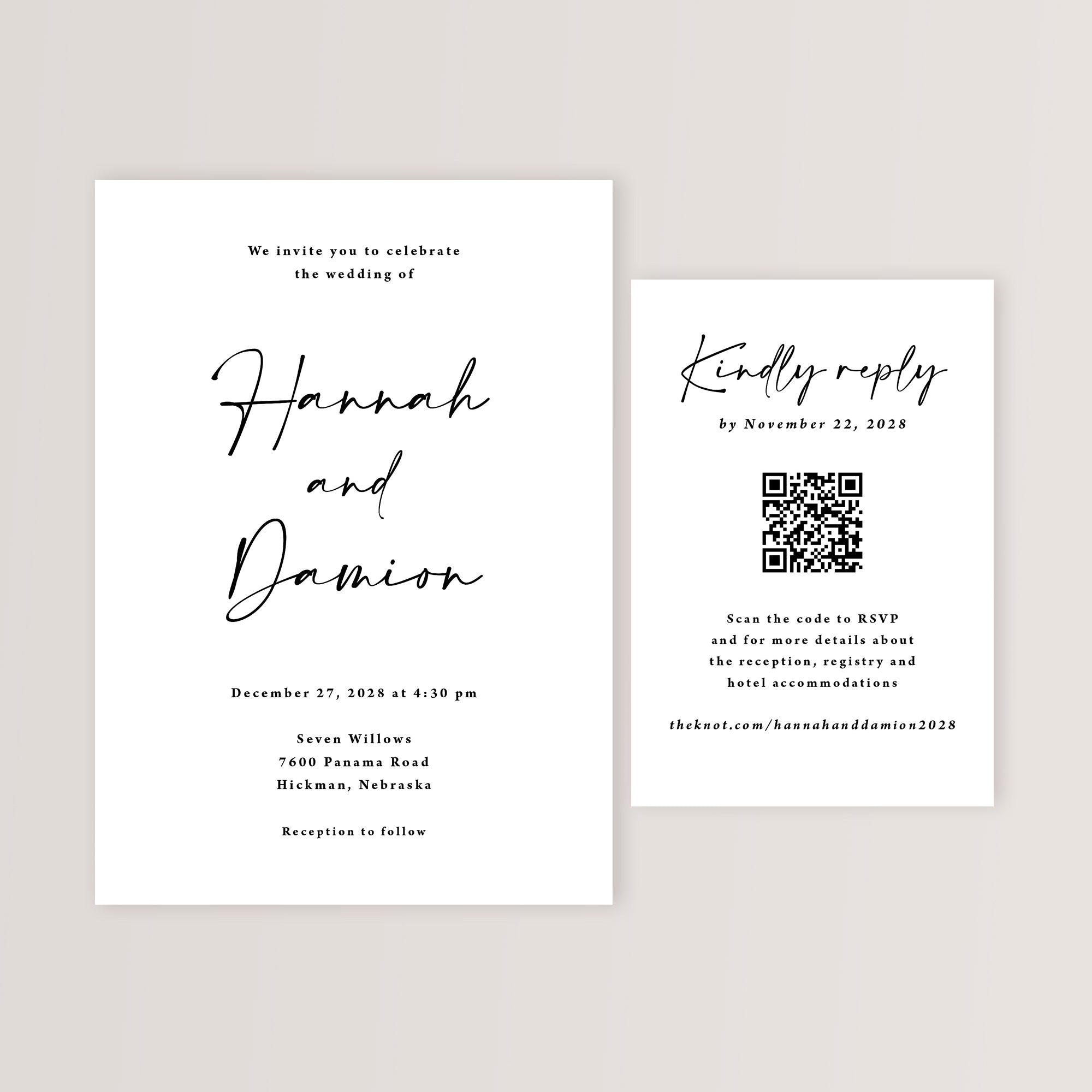 A black and white invitation along with matching RSVP card. Both use a large script font and are complimented by a smaller serif font.