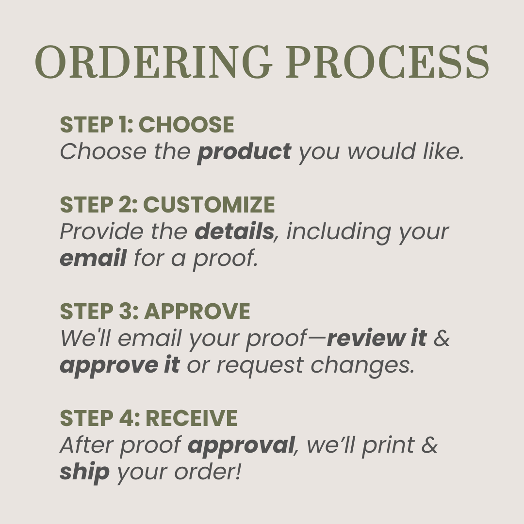 Heading: Ordering Process
Step 1: Choose
Choose the product you would like.
Step 2: Customize
Provide the details, including your email for a proof.
Step 3: Approve
We'll email your proof--review it & approve it or request changes.
Step 4: Receive
After proof approval, we'll print & ship your order!