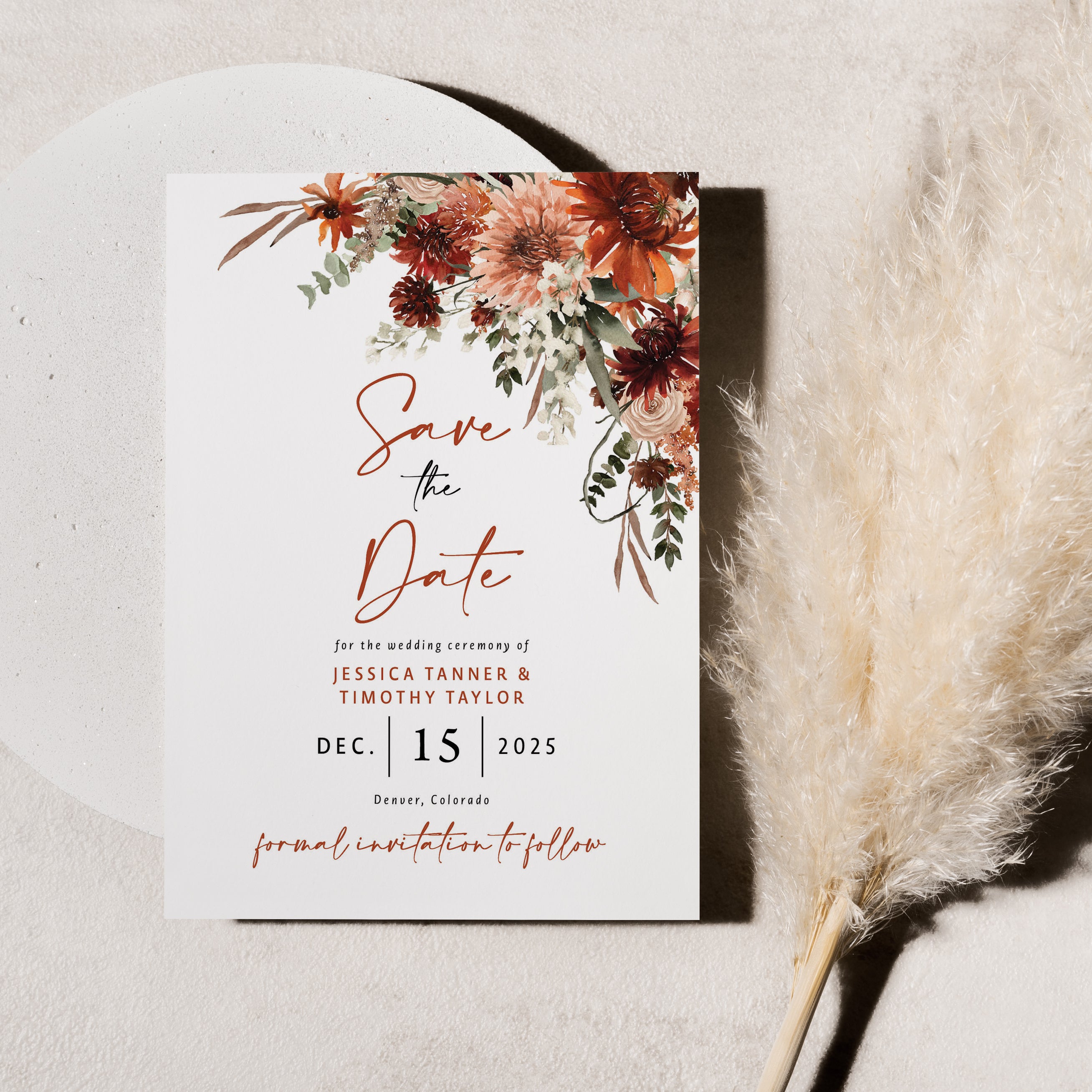 Terracotta save the date invitation card from Olive Invites.