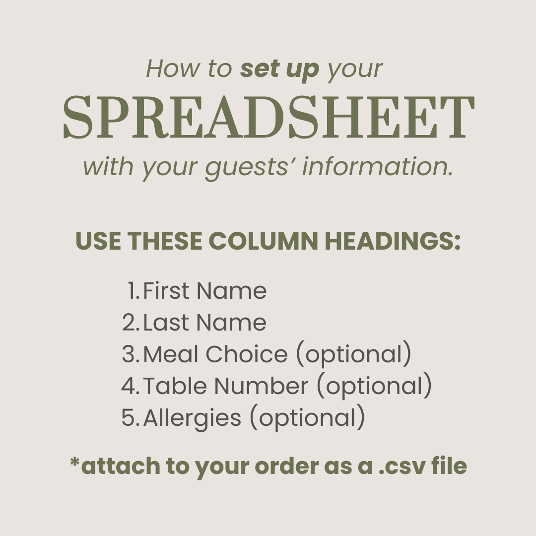 Header: How to set up your spreadsheet with your guests' information.
Subheading: Use these column headings.
1. First Name
2. Last Name
3. Meal Choice (optional)
4. Table Number (optional)
5. Allergies (optional
Note: attach to your order as a .csv file