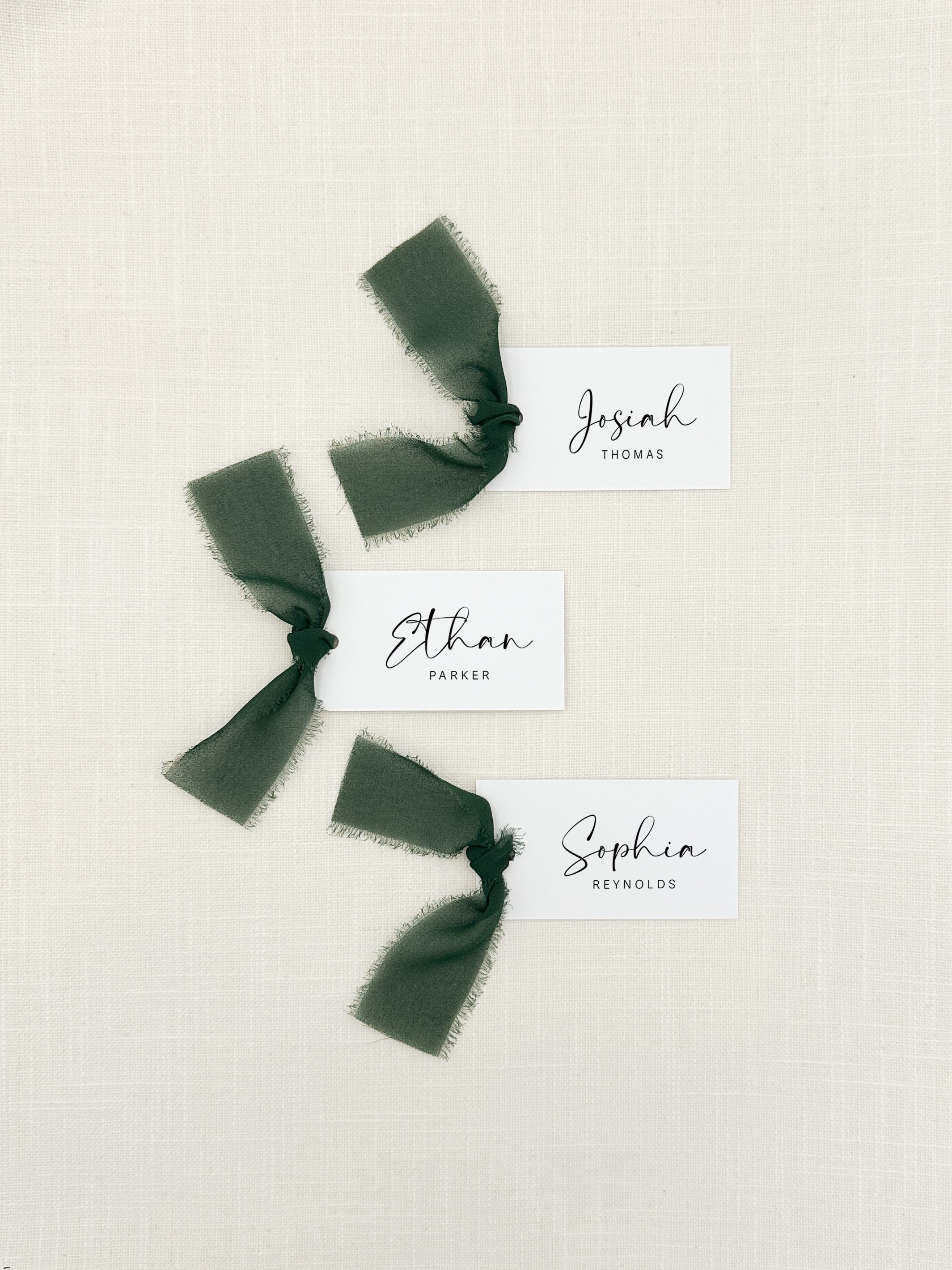 Personalized Wedding Place Cards with Chiffon Ribbon that are printed for you with black ink on thick, smooth, white card stock and include the ribbon! You can choose the color of ribbon. Perfect for any occasion:
Weddings and Rehearsal Dinners
Baby Shower, Bridal Shower, Wedding Shower
Business Party, Corporate Event
Events with assigned seating