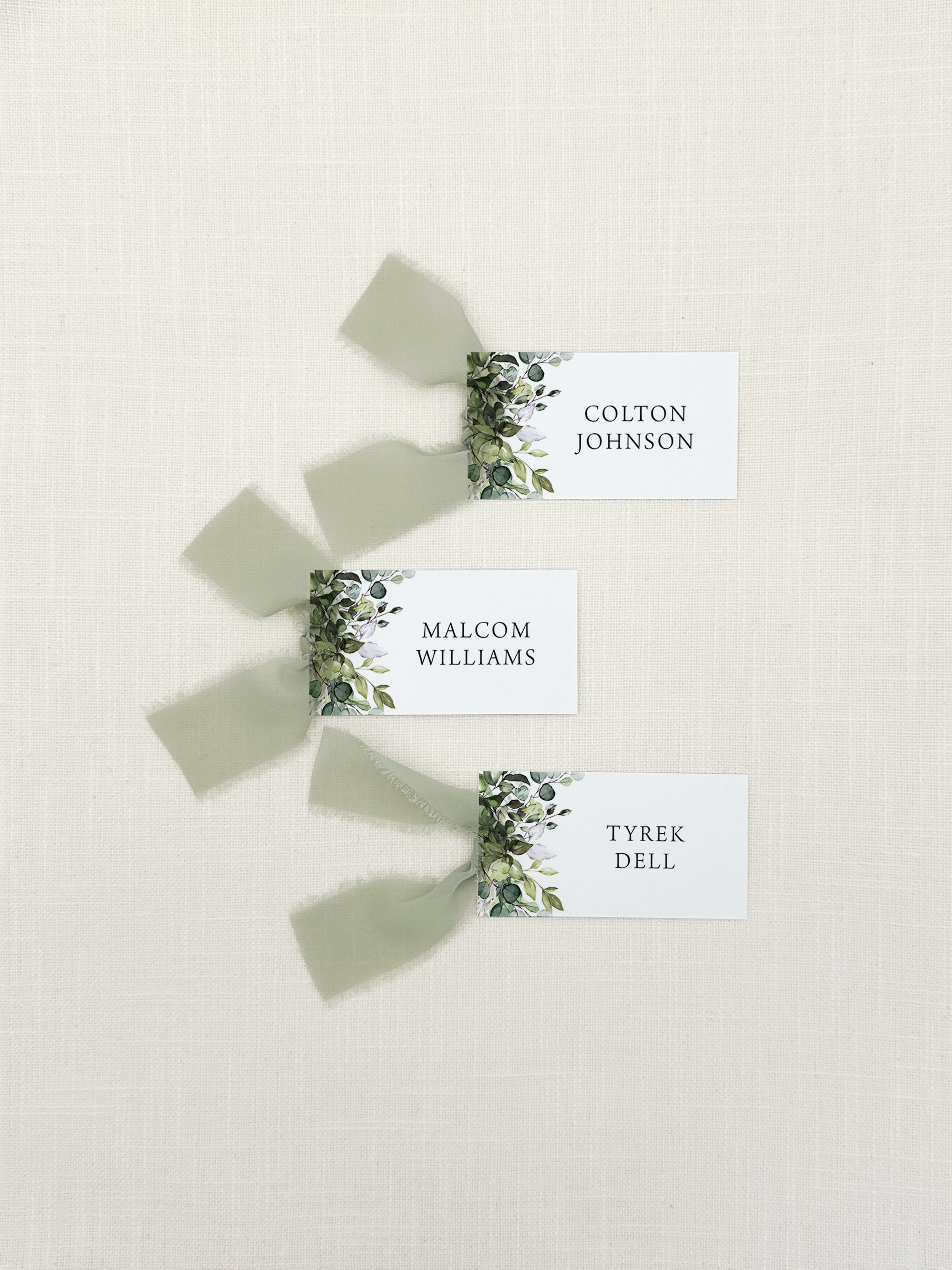 Personalized Greenery Name Cards with Sage Green Chiffon Ribbon that are printed for you with black ink on thick, smooth, white card stock and include the ribbon! You can choose the color of ribbon. Perfect for any occasion: Weddings and Rehearsal Dinners, Baby Shower, Bridal Shower, Wedding Shower, Business Party, Corporate Event or Events with Assigned Seating