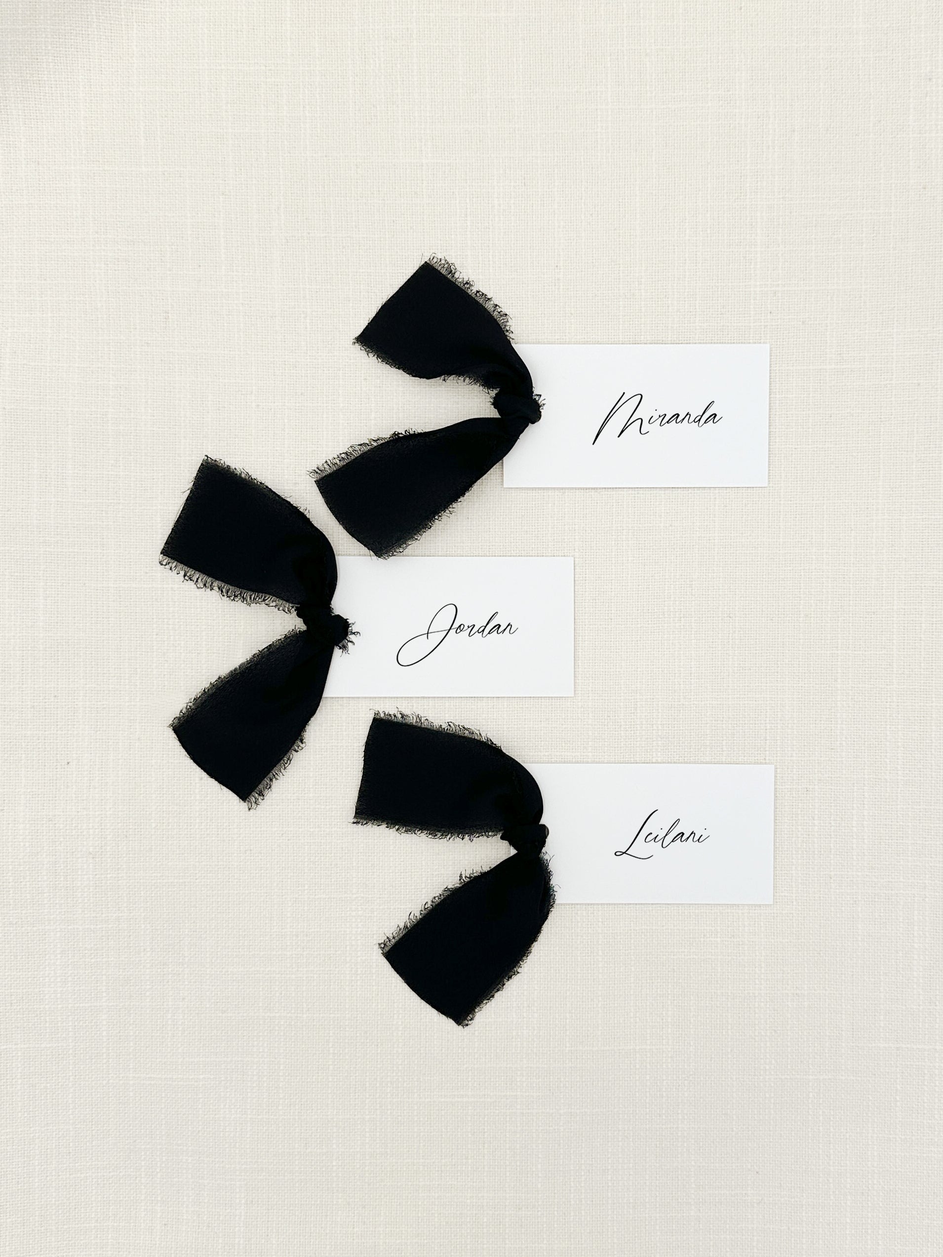 Personalized Place Cards with Chiffon Ribbon in black ink that are printed for you on thick, smooth, white card stock! Perfect for any occasion: Weddings and Rehearsal Dinners, Baby Shower, Bridal Shower, Wedding Shower, Business Party, Corporate Event or Events with Assigned Seating