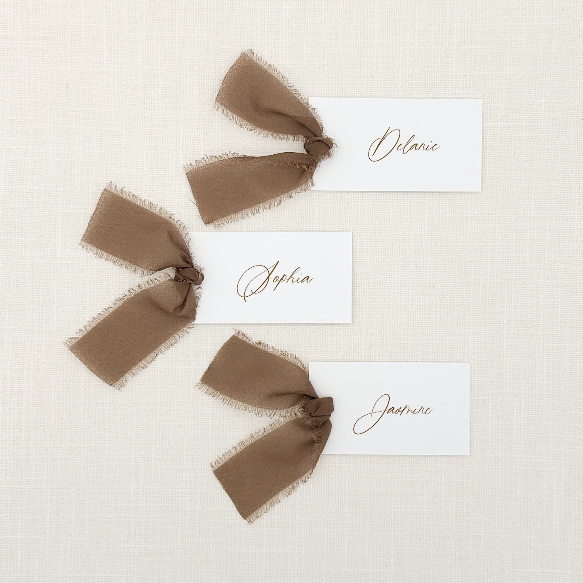 Personalized Place Cards with Brown Chiffon Ribbon in brown ink that are printed for you on thick, smooth, white card stock! Perfect for any occasion: Weddings and Rehearsal Dinners, Baby Shower, Bridal Shower, Wedding Shower, Business Party, Corporate Event or Events with Assigned Seating