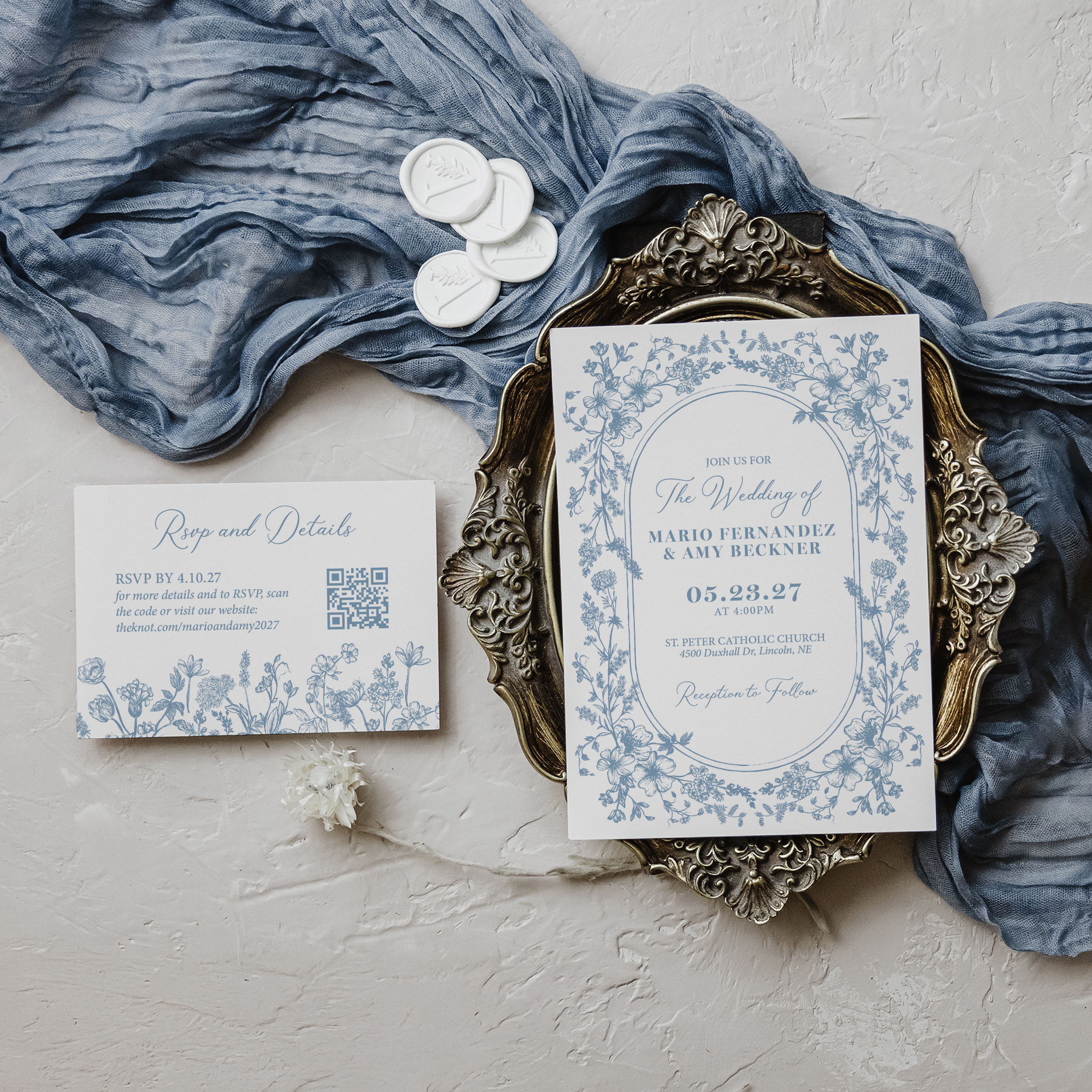 Dusty blue and white Invitation and Details card featuring French Toile Florals.