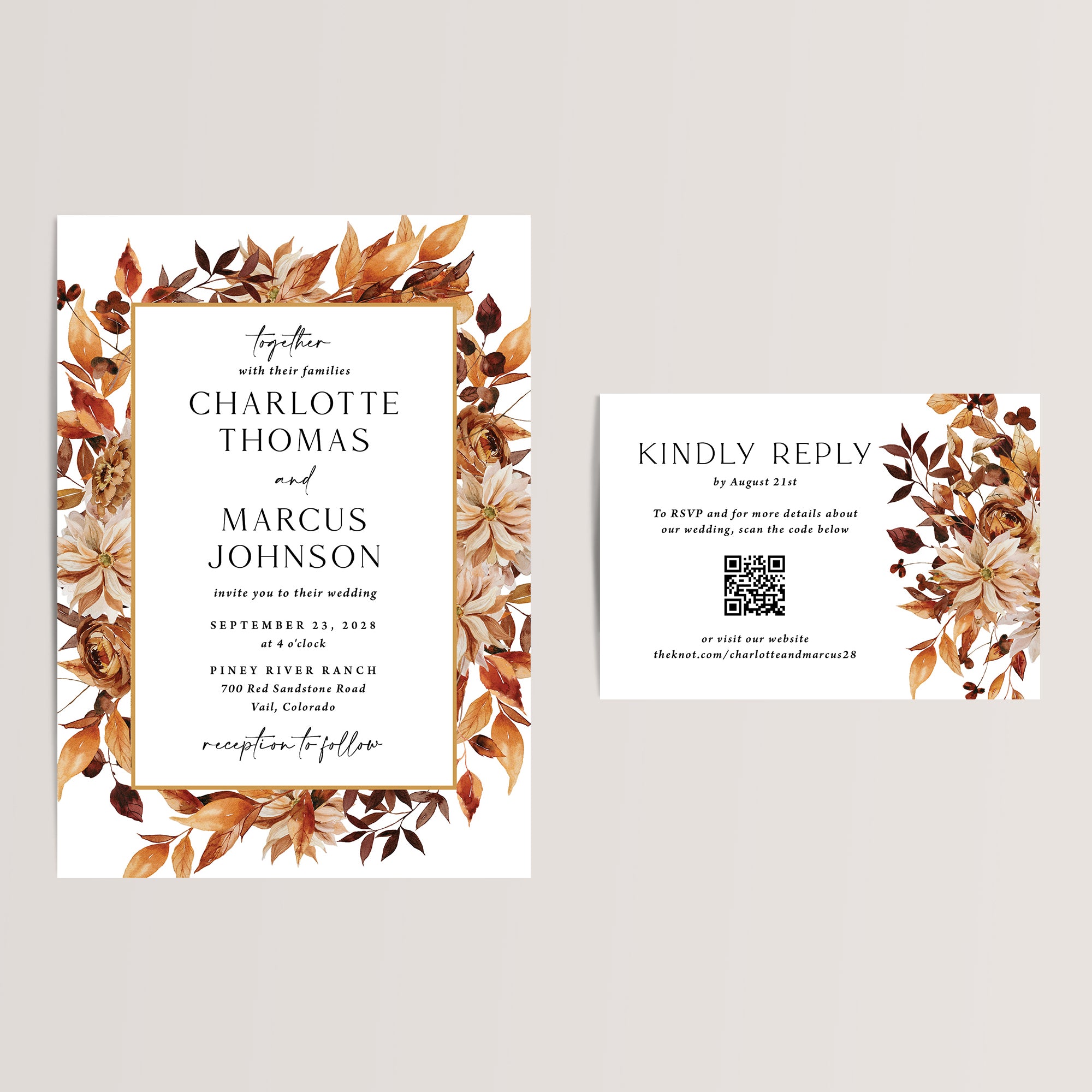 Boho Fall Wedding Invitation Suite with QR Code RSVP Card
Warm and inviting, our modern boho wedding invitation suite features rich terracotta tones, delicate fall florals, and leafy accents, perfectly capturing the essence of an autumn wedding. Printed on smooth, high-quality cardstock, each RSVP/details card includes a scannable QR code, giving your guests seamless access to your wedding website for all the important details and a convenient way to RSVP.