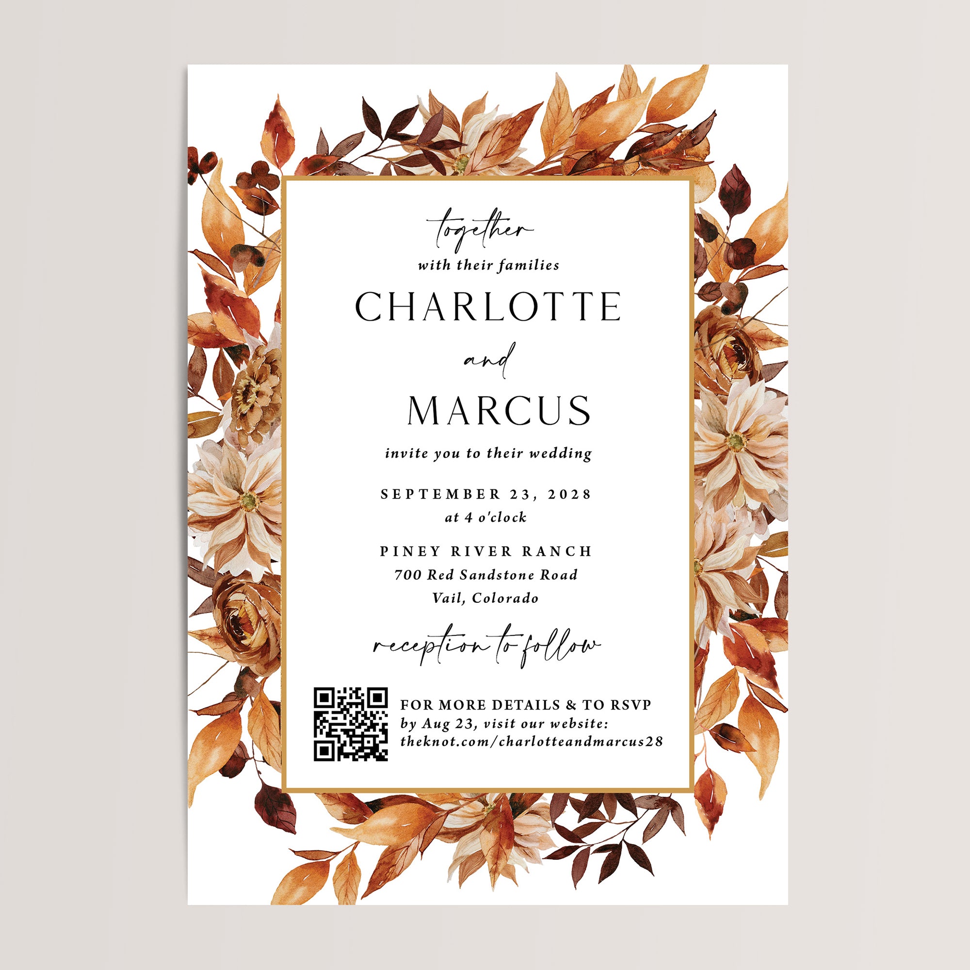 Boho Fall Wedding Invitations with QR Code
Warm and modern, these autumn-inspired wedding invitations feature rich terracotta tones, boho fall florals, and leafy accents. Including a convenient QR code for easy guest RSVPs, these stylish and practical invitations are perfect for fall weddings, setting the tone for a cozy and romantic celebration.