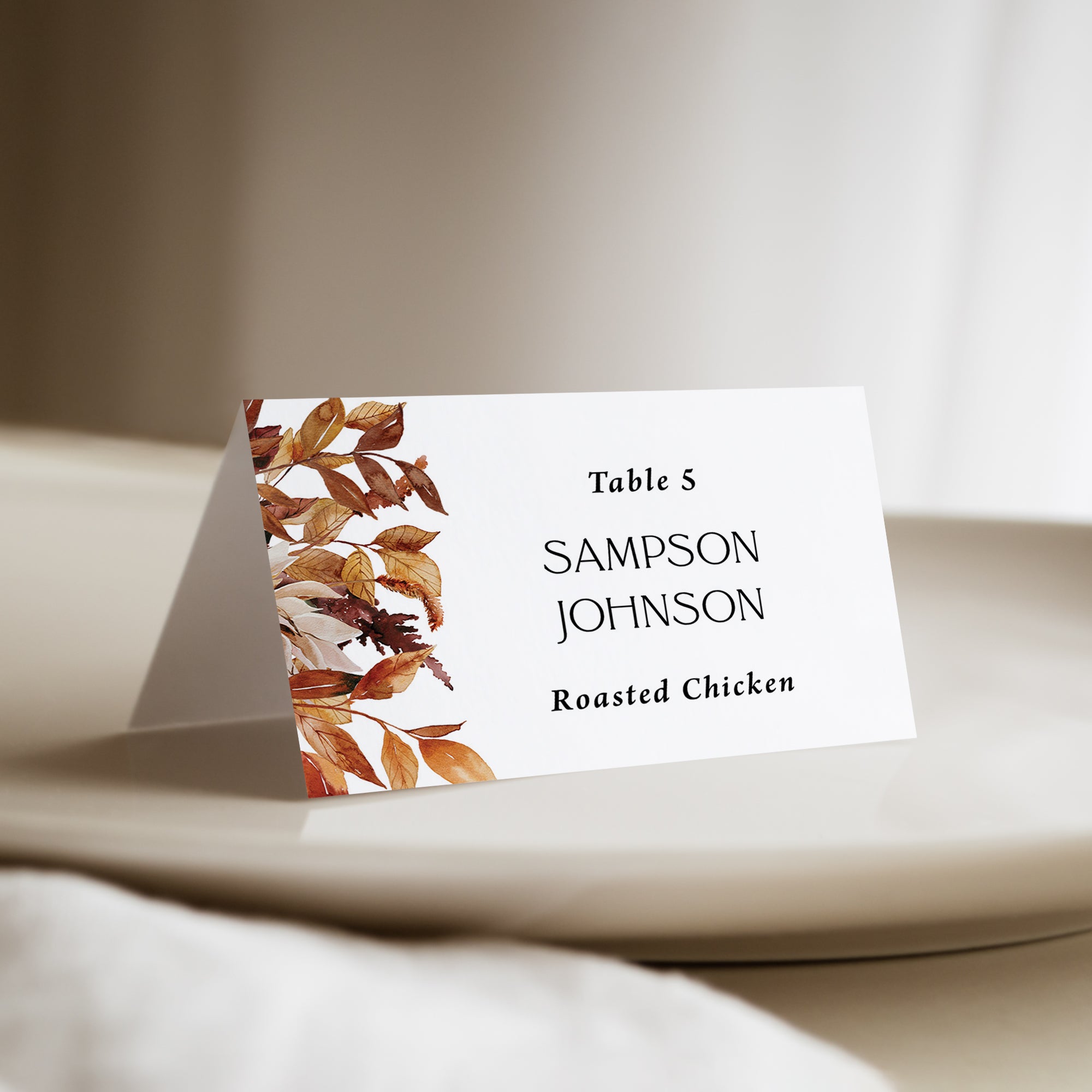 Fall wedding place card with leaves and a meal choice that are personalized and printed for you.