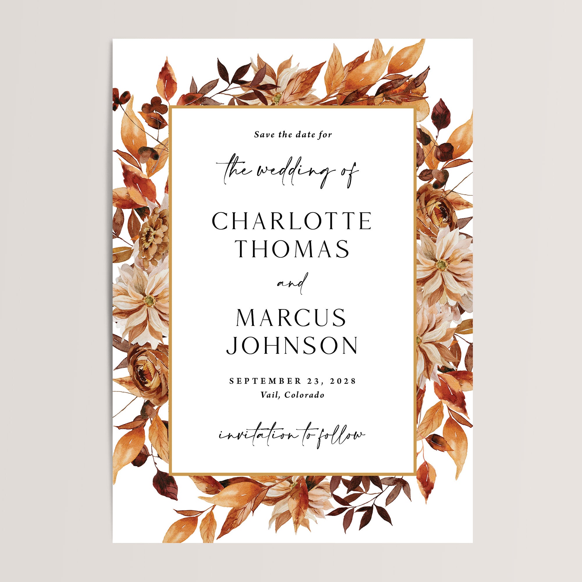 Warm Terracotta Boho Fall Wedding Save the Date Cards
Perfect for an autumn celebration, these cards feature rich terracotta tones, boho-inspired details, and subtle fall accents that exude warmth and rustic charm. With a minimalist yet inviting design, they set the perfect tone for your cozy and romantic fall wedding.