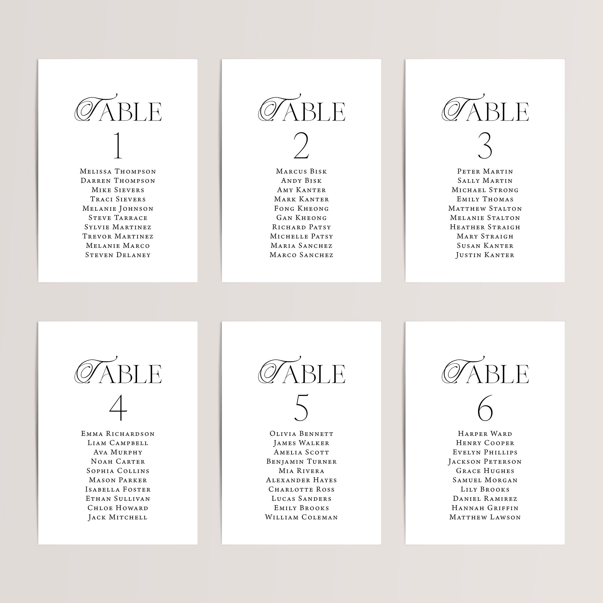 Printed wedding seating chart cards with the names personalized. The cards are either 4x6 inches or 5x7 inches.