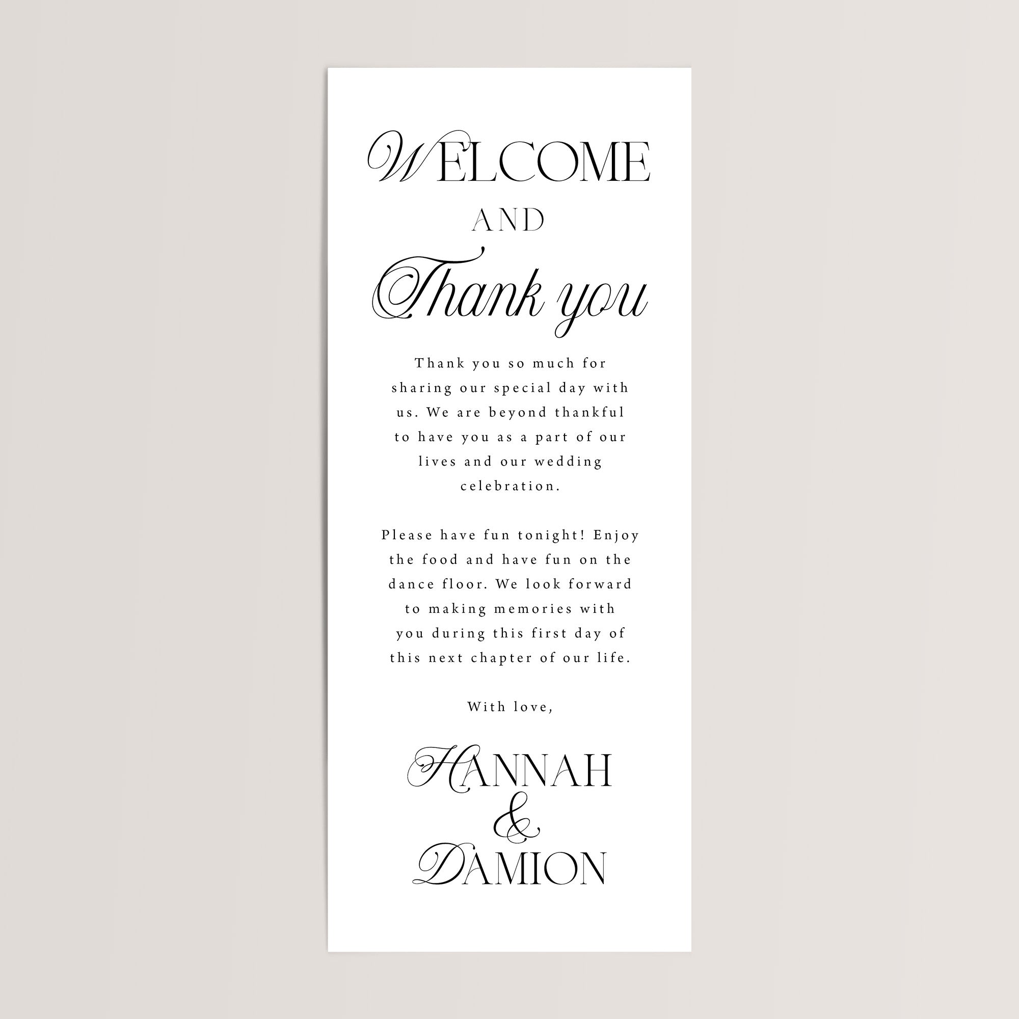 Modern wedding table welcome and thank-you cards, printed on thick cardstock in elegant black and white. Personalize the message and names, or keep the wording as shown — perfectly designed to add an elegant touch to your wedding reception tables.