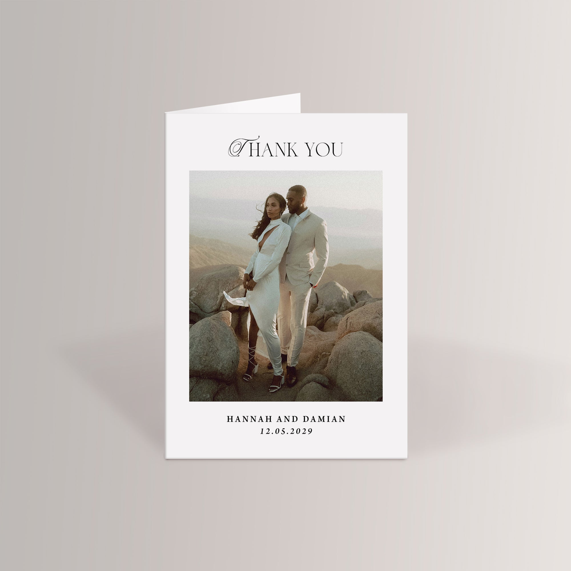 Printed wedding thank you card with one wedding photo. These include white envelopes.