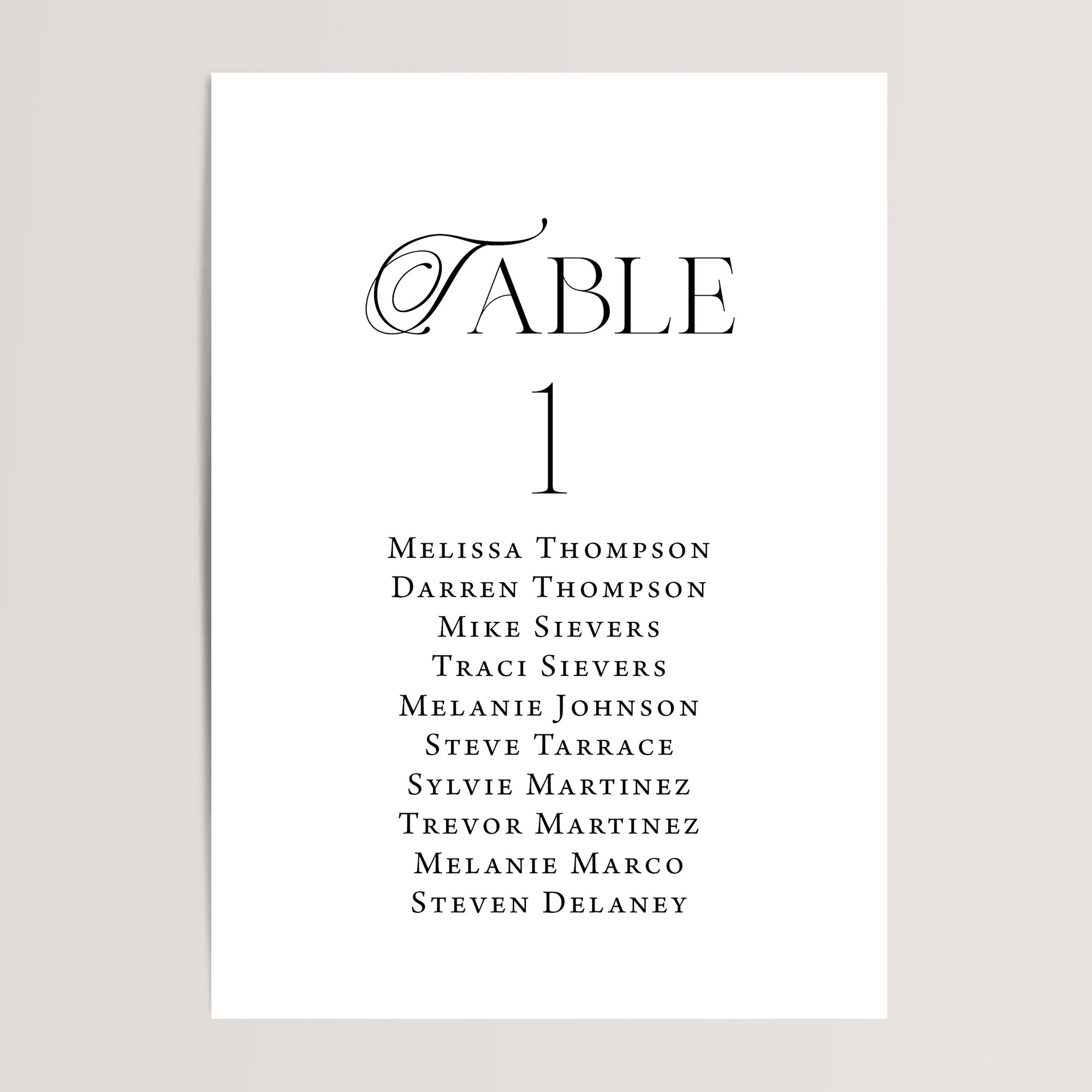 Printed wedding seating chart cards with the names personalized. The cards are either 4x6 inches or 5x7 inches.