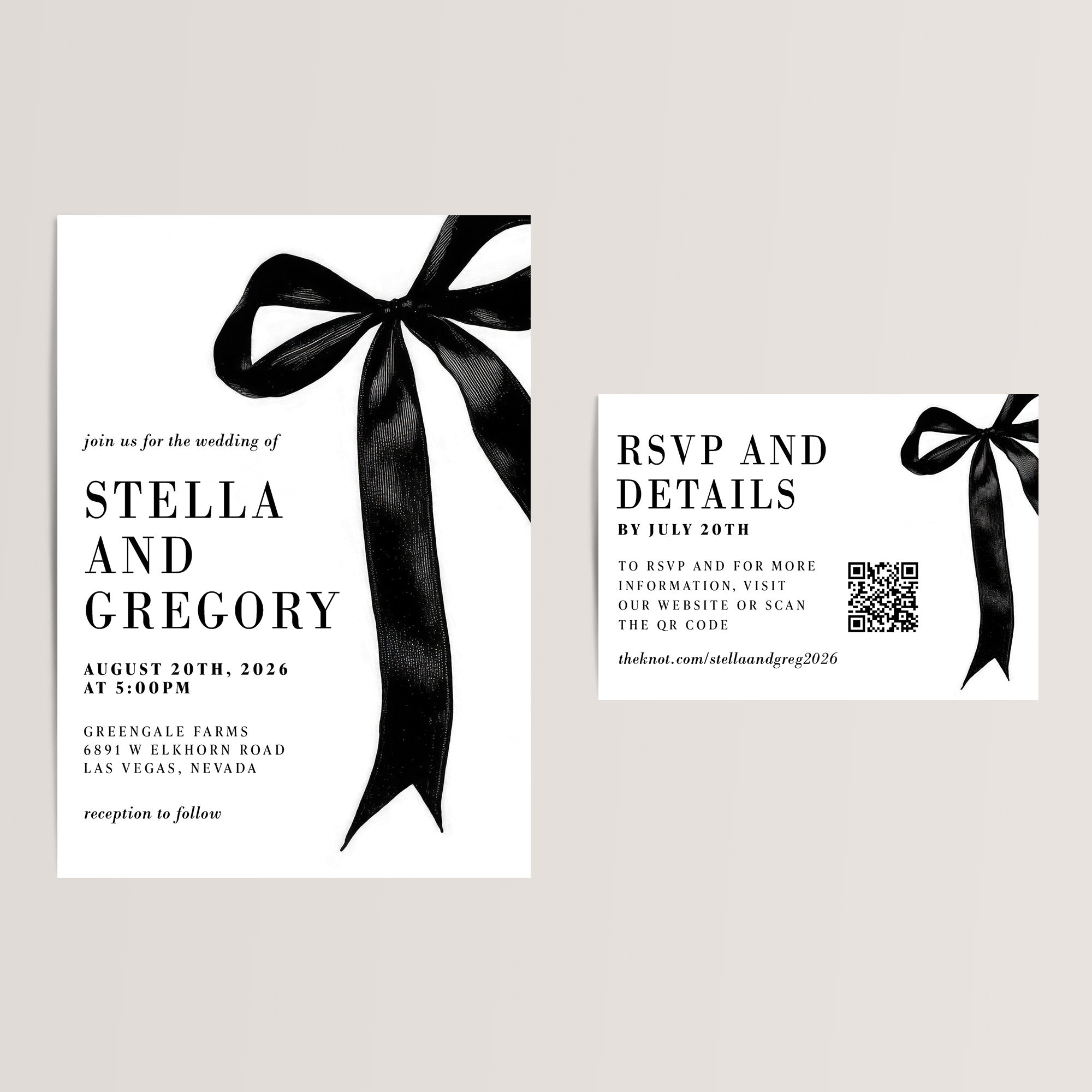 Elegant and timeless, our Black Bow Coquette Wedding Invitation Suite is perfect for romantic and sophisticated weddings. Featuring a delicate black bow or ribbon accent, this suite adds a touch of vintage charm while maintaining a modern feel.