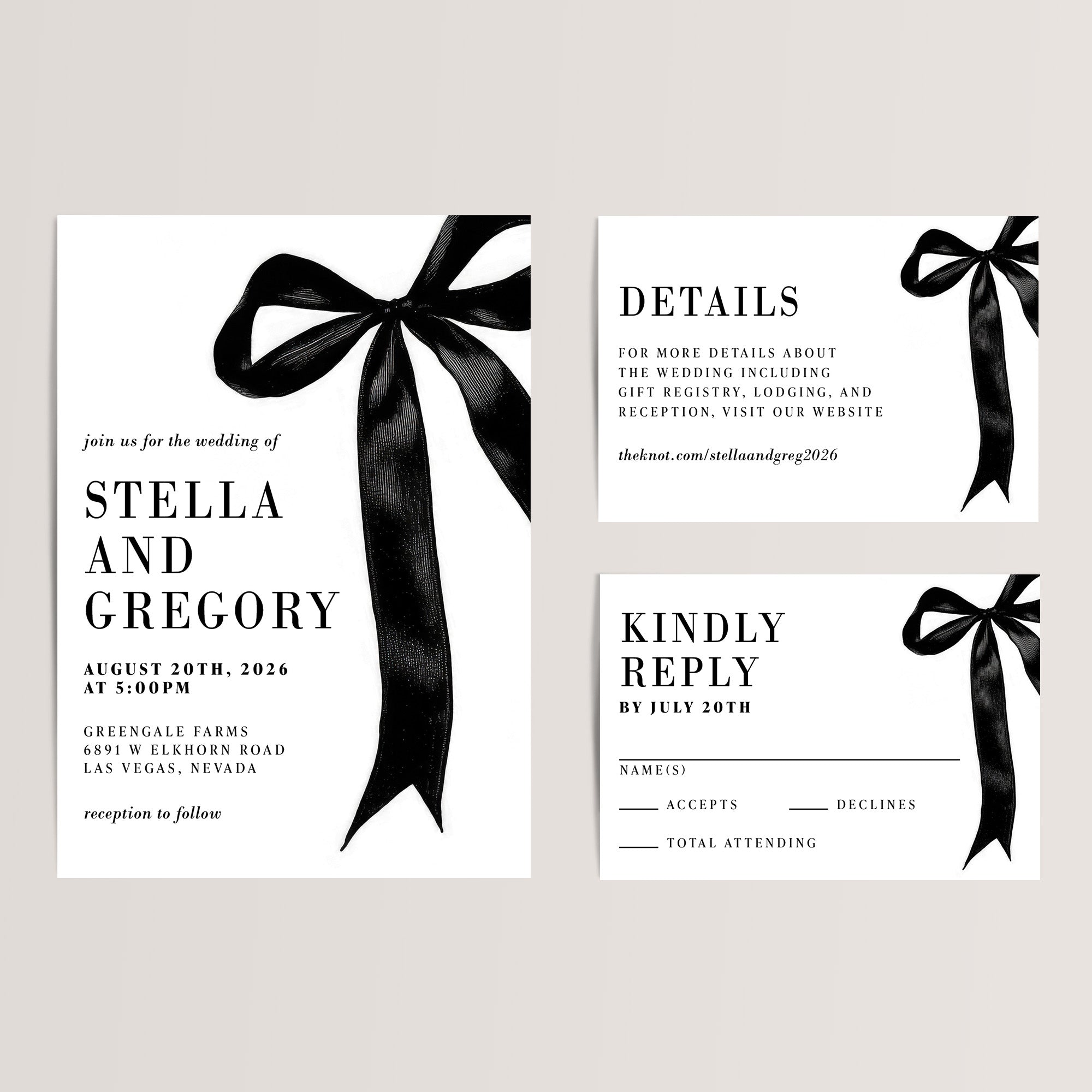 Add a touch of romantic elegance to your wedding with our Black Bow Coquette Wedding Invitation Suite. Perfect for chic and timeless celebrations, this affordable suite includes a wedding invitation, RSVP card, and details card, all featuring a delicate black bow or ribbon accent for a sophisticated, feminine touch.