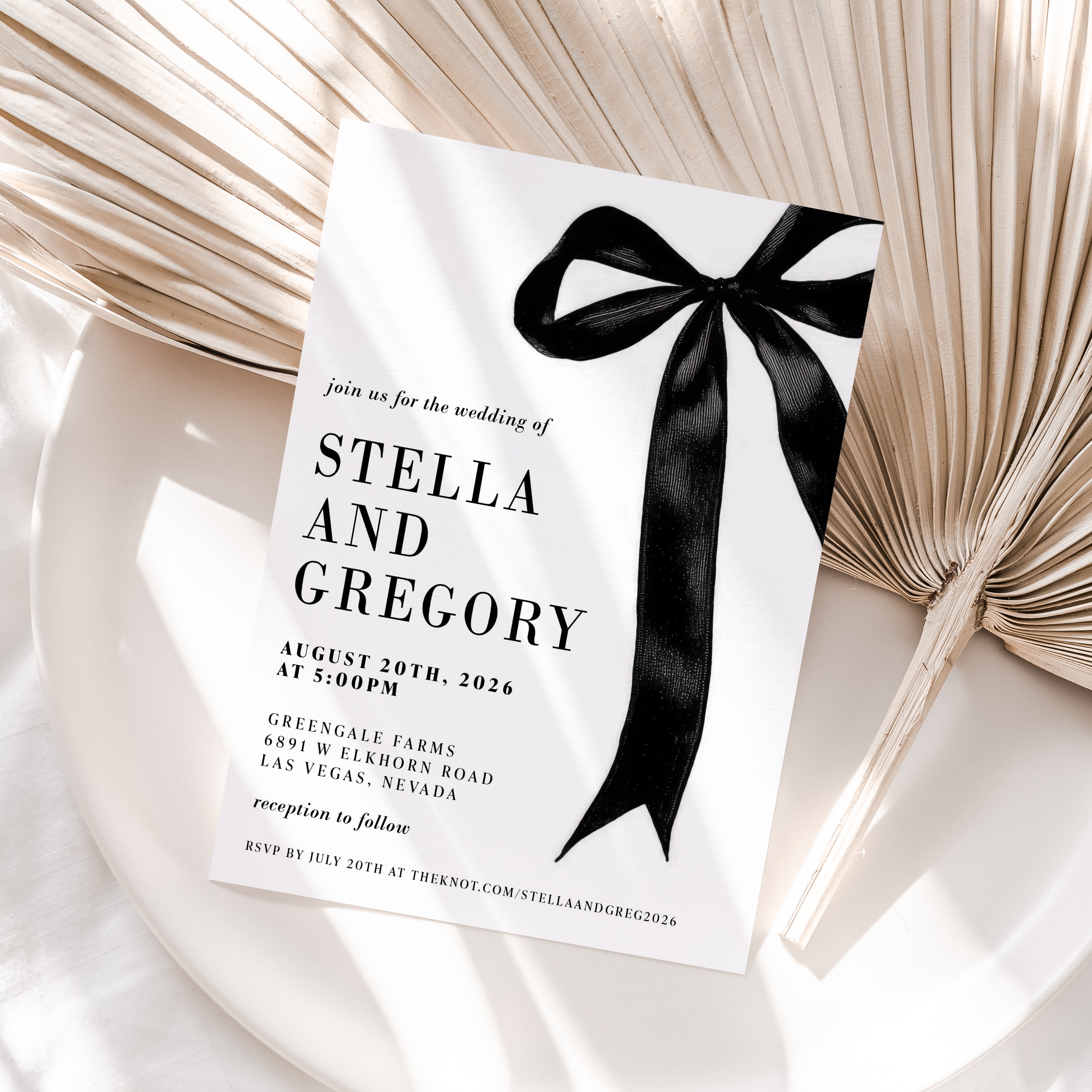 Black bow wedding invitation from Olive Invites.