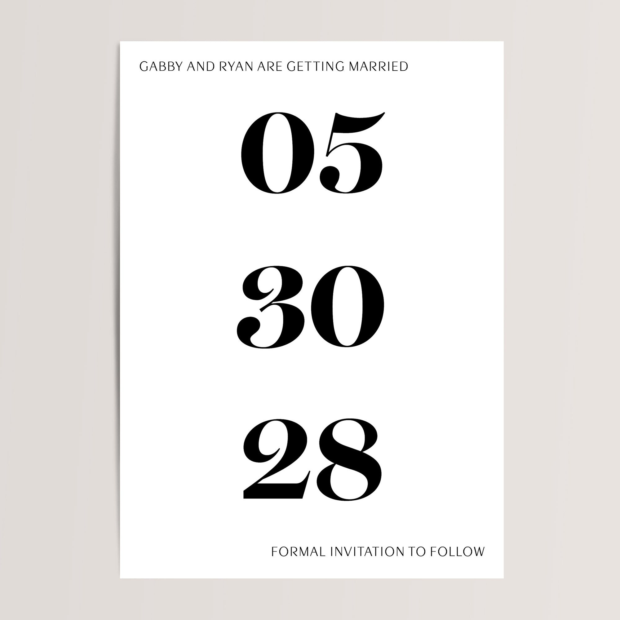 Save the Date Wedding Cards with Bold Minimalist Design
Make a statement with these sleek and contemporary cards. Featuring a prominently displayed date and a clean, minimalist layout, this design combines modern elegance with simplicity, ensuring your wedding announcement stands out in style.