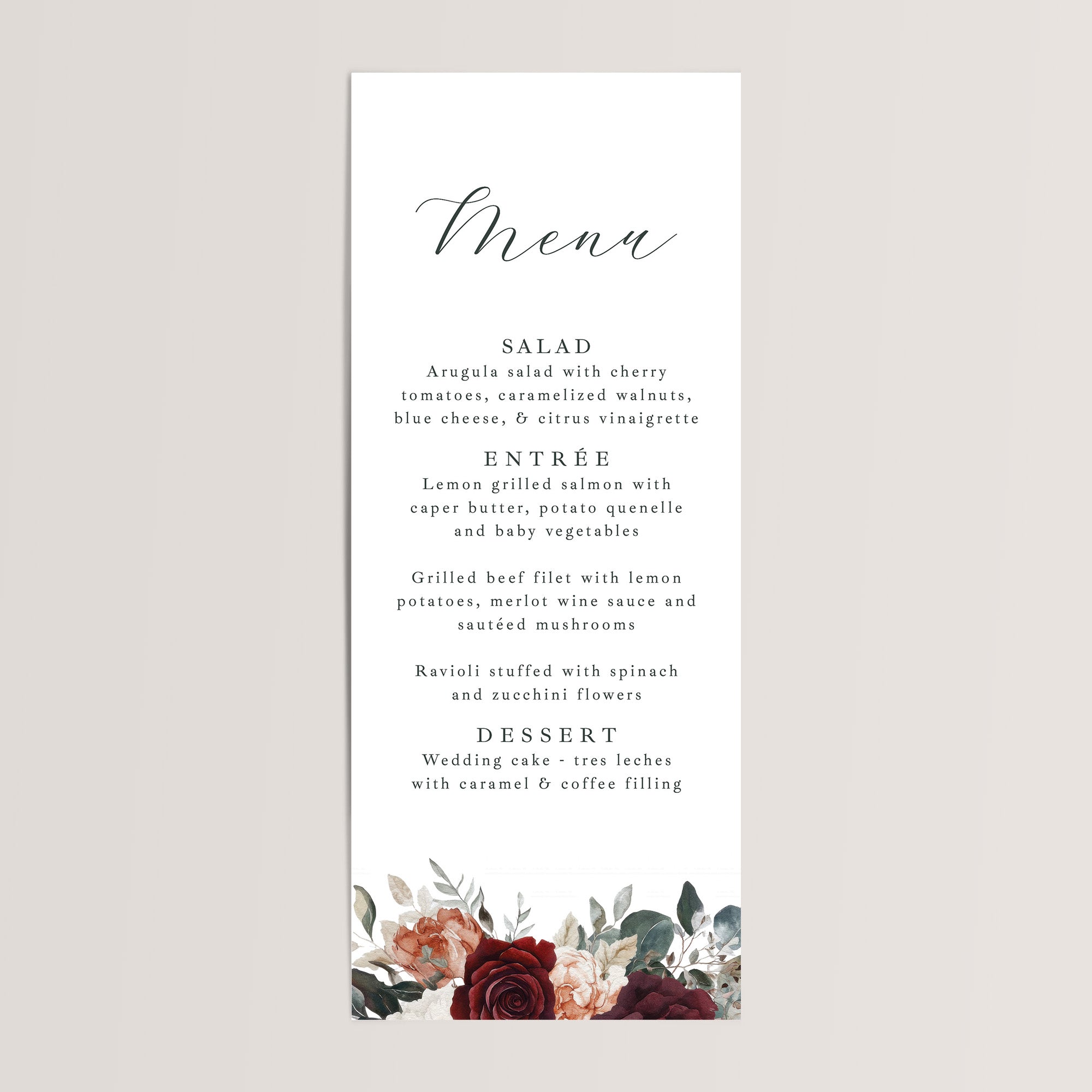 Add a touch of elegance to your celebration with our wedding dinner menu cards printed with burgundy florals. Perfect for a modern wedding reception, these professionally printed menu cards are crafted on thick, smooth white cardstock for a high-quality feel your guests will notice.