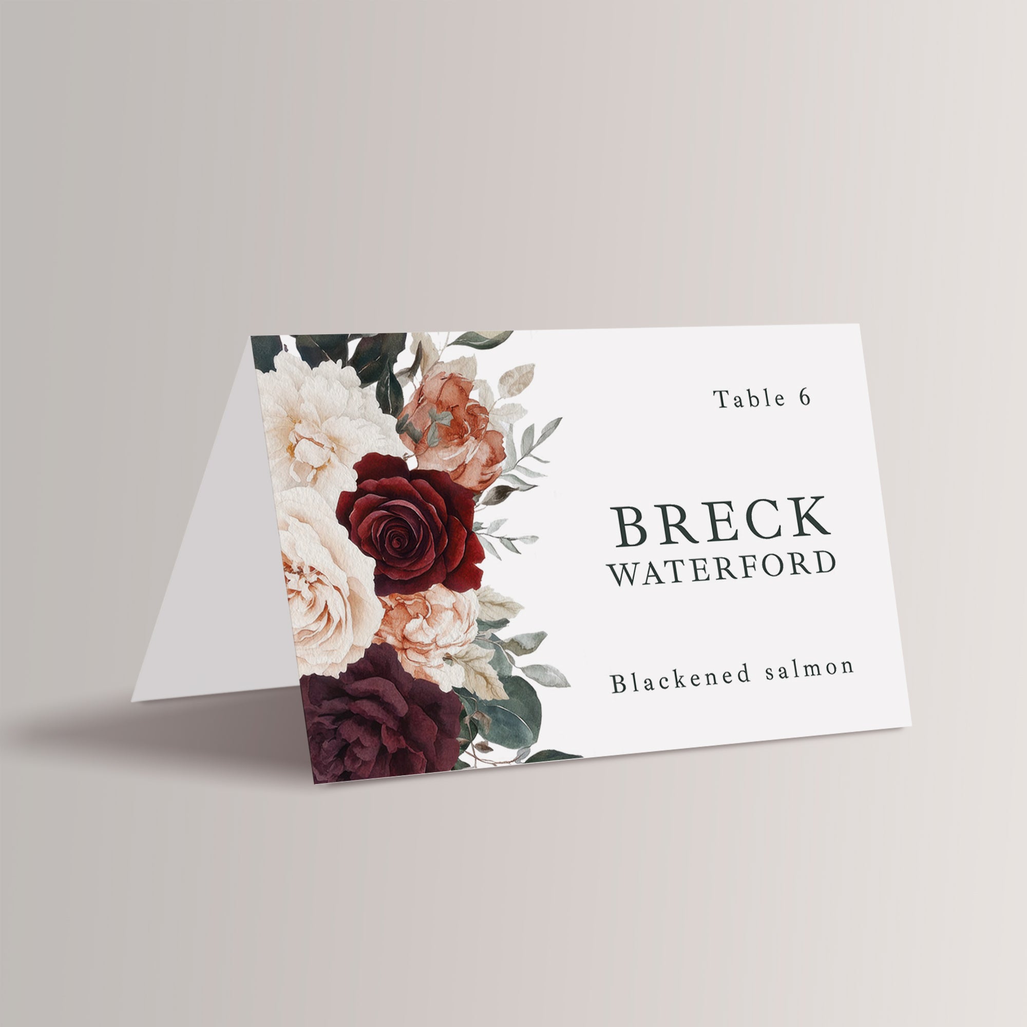 Bring a touch of natural beauty to your wedding with our personalized burgundy floral place cards with meal choice. Not only do they guide your guests to their seats, but they also add a romantic, floral touch to your wedding reception décor.