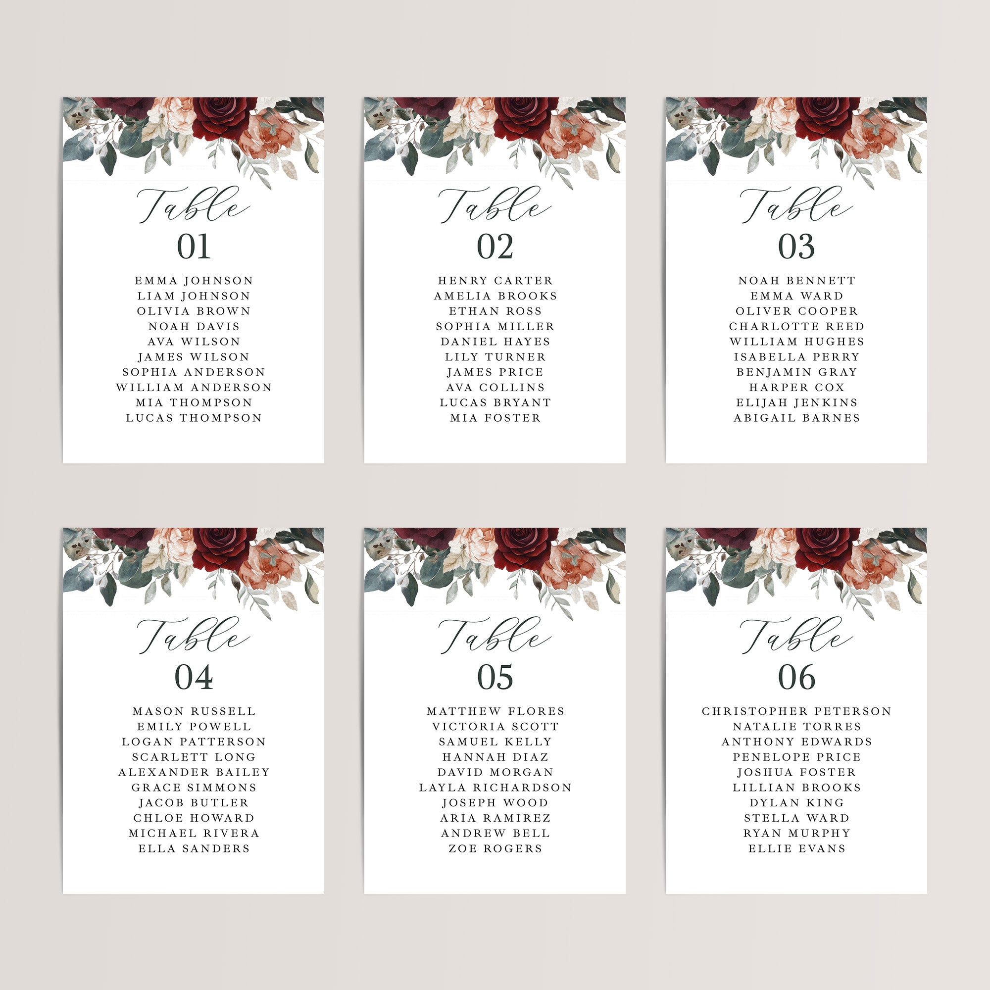Simple wedding seating chart cards with watercolor burgundy florals that are printed for you on nice, thick card stock. These table seating arrangement signs are perfect wedding reception decor.