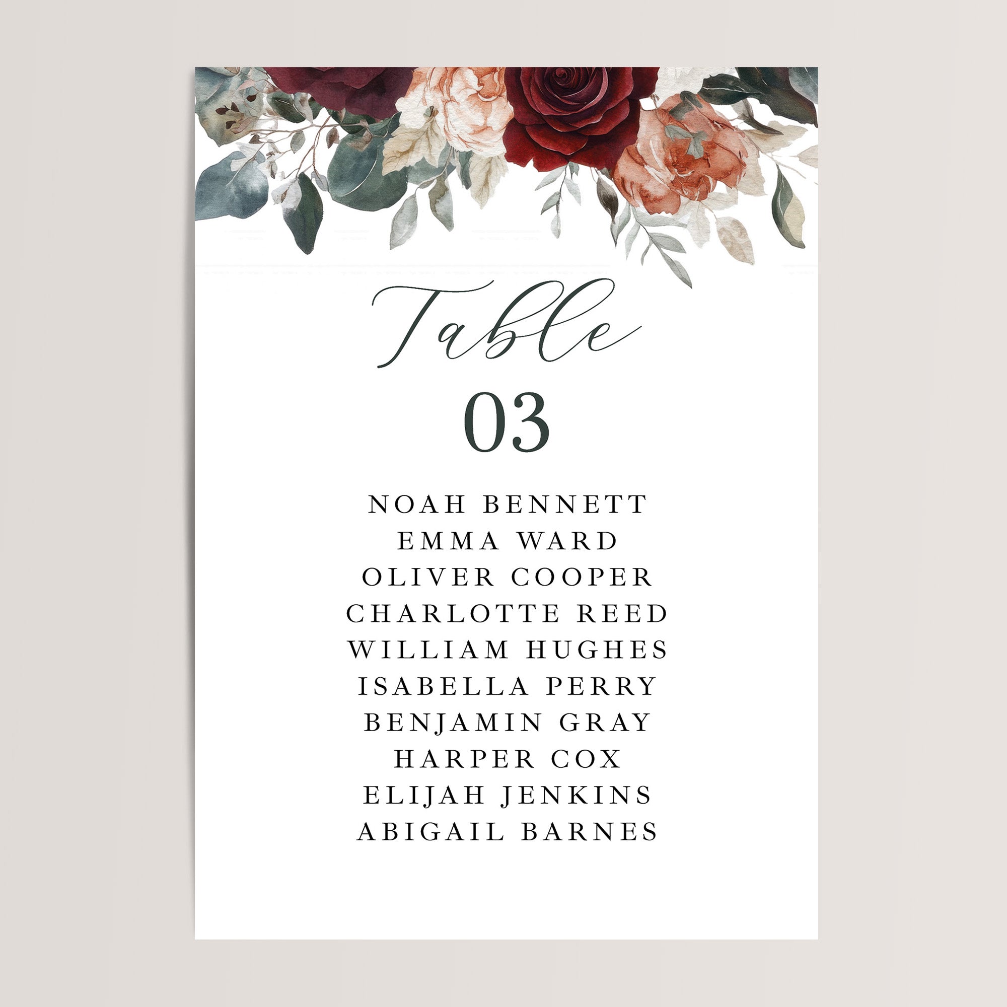 Simple wedding seating chart cards with watercolor burgundy florals that are printed for you on nice, thick card stock. These table seating arrangement signs are perfect wedding reception decor.
