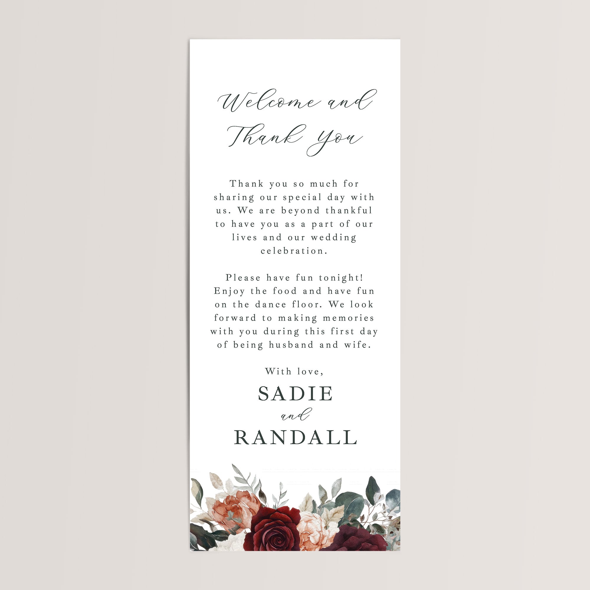 Fall wedding table welcome and thank-you cards, printed on thick cardstock with gorgeous watercolor burgundy florals. Personalize the message and names, or keep the wording as shown — perfectly designed to add an elegant touch to your wedding reception tables.