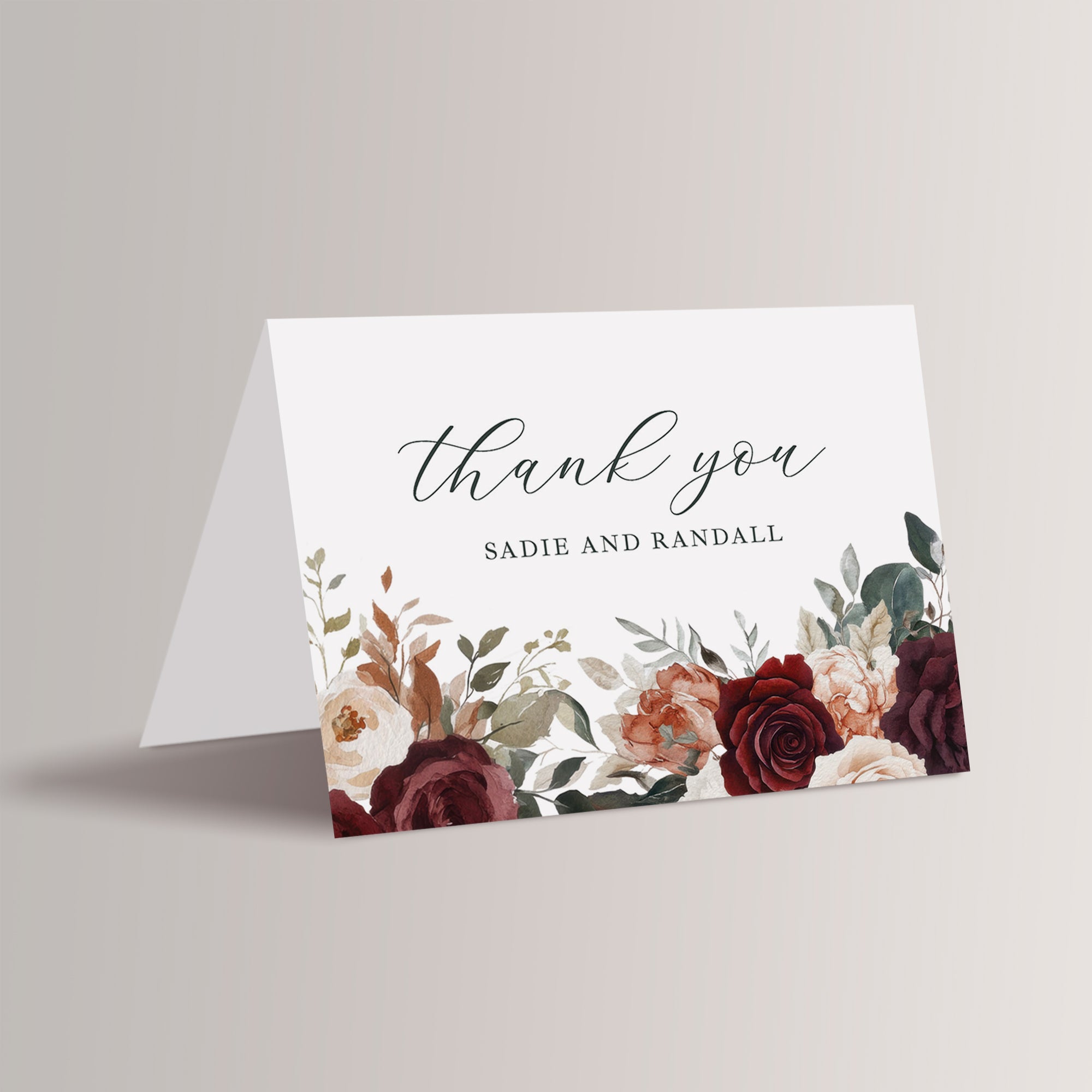 Personalized wedding thank you cards with gorgeous burgundy florals – a perfect way to express your gratitude for your fall wedding. Envelopes are included.