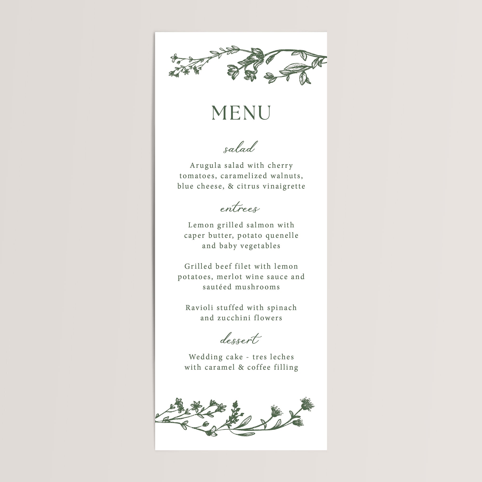 Add a touch of elegance to your celebration with our wedding dinner menu cards printed with dark green florals. Perfect for a modern wedding reception, these professionally printed menu cards are crafted on thick, smooth white cardstock for a high-quality feel your guests will notice.