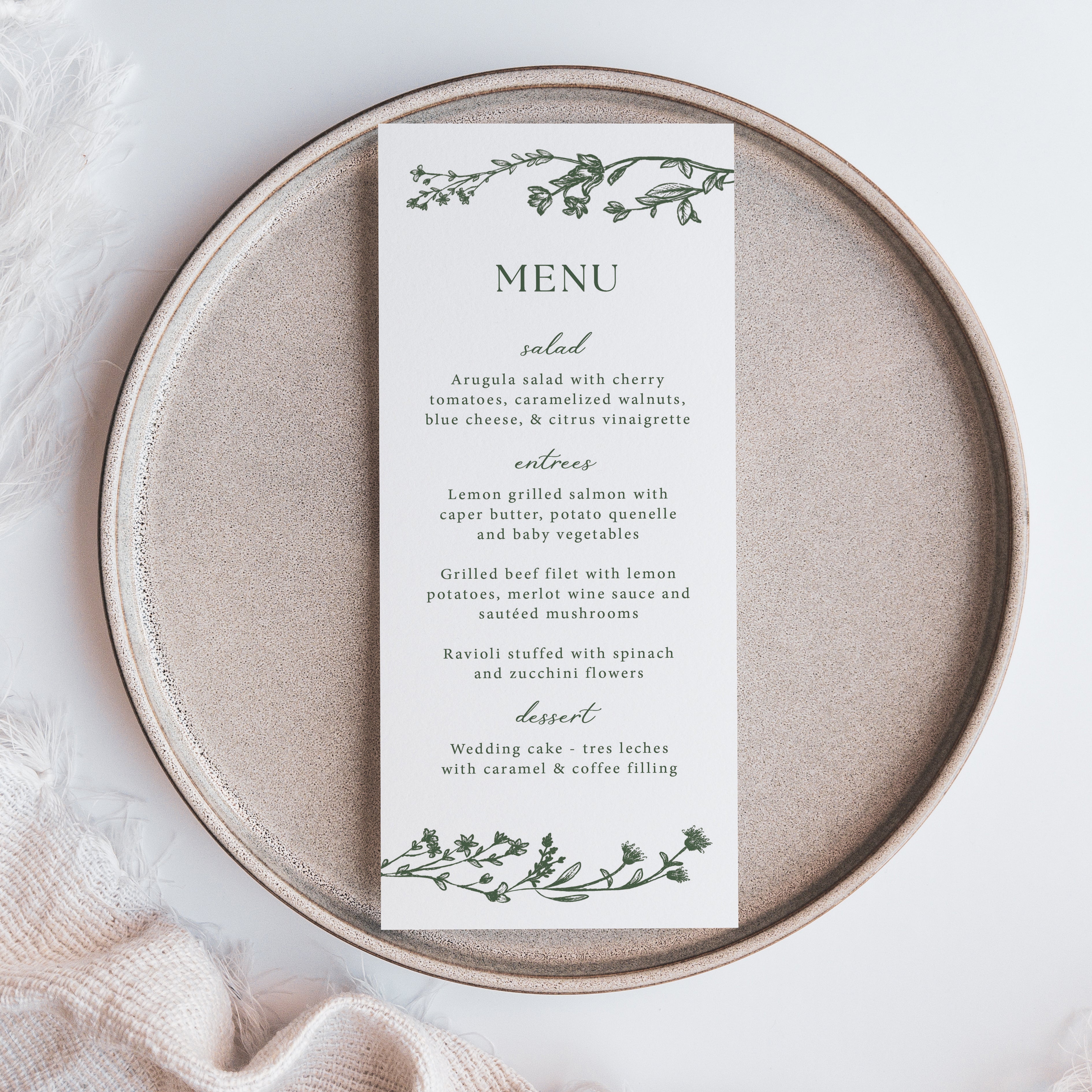 Add a touch of elegance to your celebration with our wedding dinner menu cards printed with dark green florals. Perfect for a modern wedding reception, these professionally printed menu cards are crafted on thick, smooth white cardstock for a high-quality feel your guests will notice.