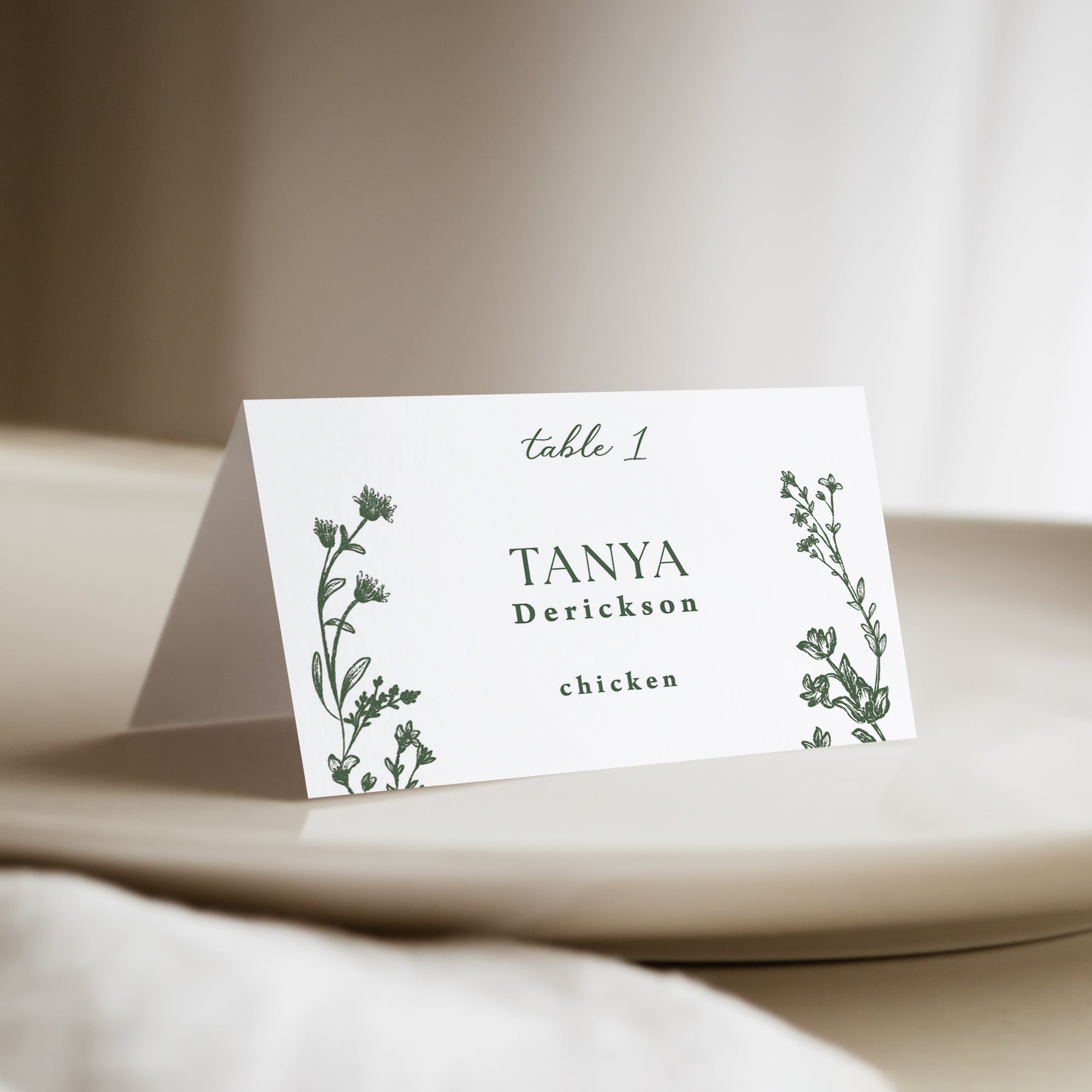 Bring a touch of natural beauty to your wedding with our personalized dark green floral place cards with meal choice. Not only do they guide your guests to their seats, but they also add a romantic, floral touch to your wedding reception décor.