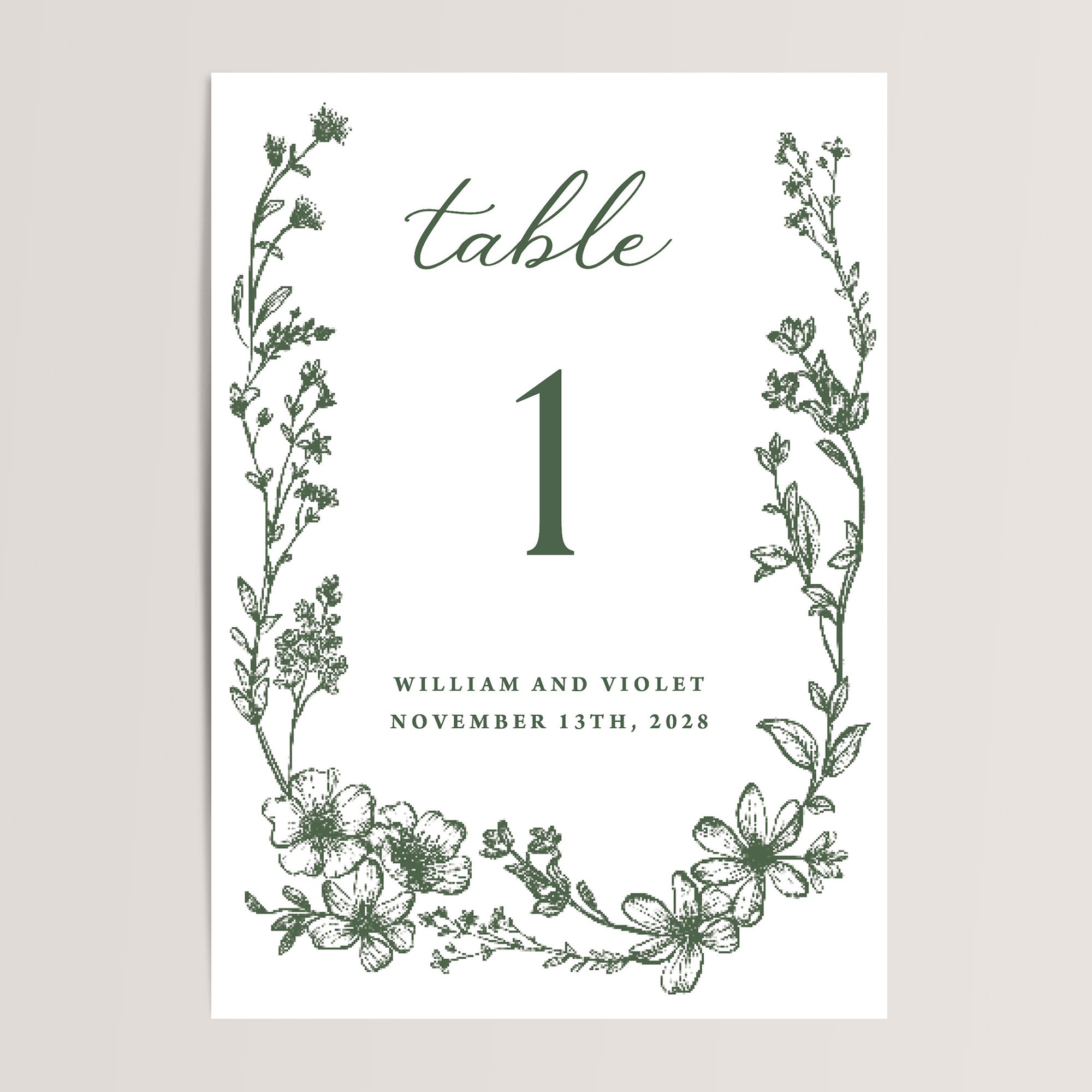 Gorgeous wedding table numbers with dark green florals that are printed for you on thick card stock! The design is perfect for the fall or winter wedding and your guests will love them. These work well for an elegant wedding.