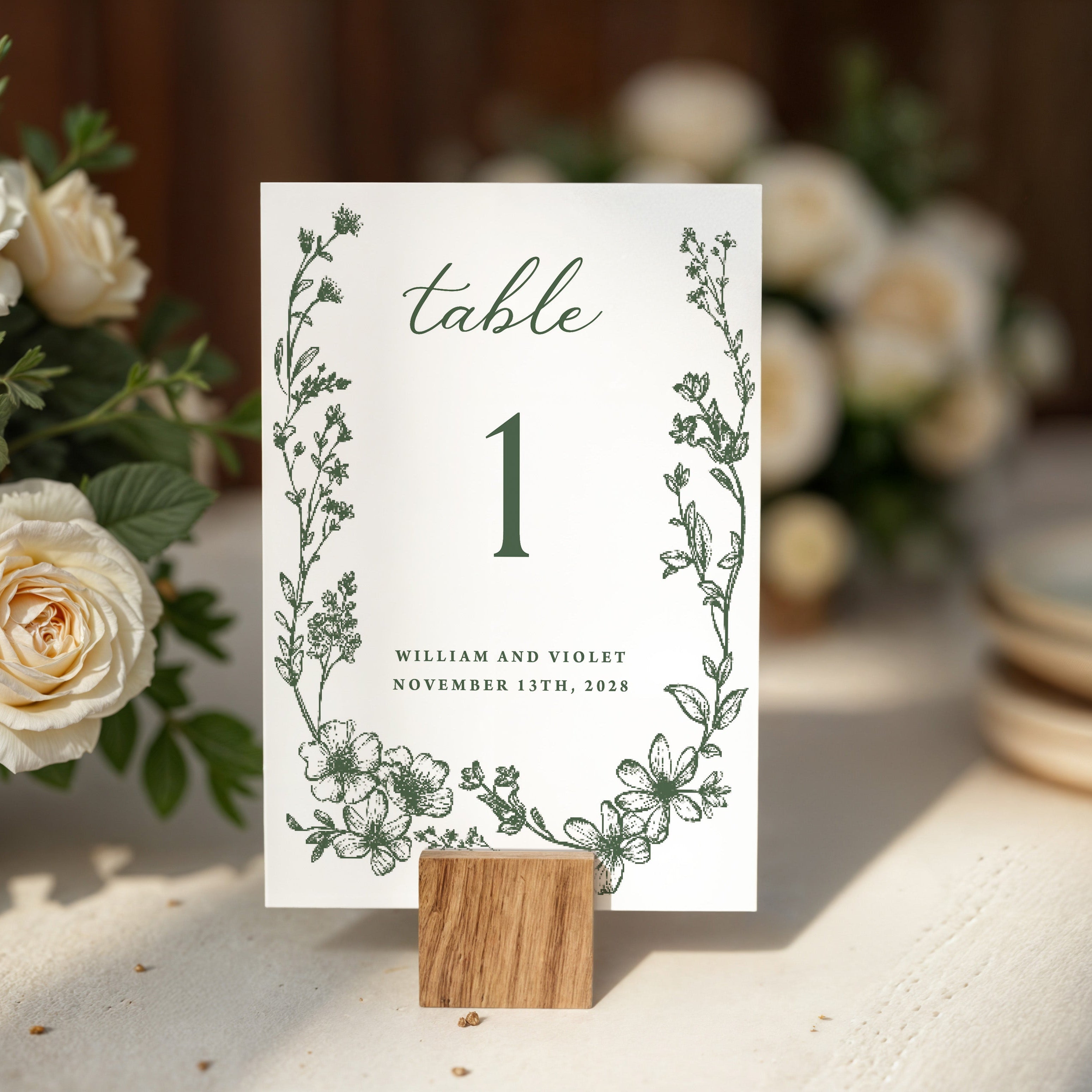 Gorgeous wedding table numbers with dark green florals that are printed for you on thick card stock! The design is perfect for the fall or winter wedding and your guests will love them. These work well for an elegant wedding.