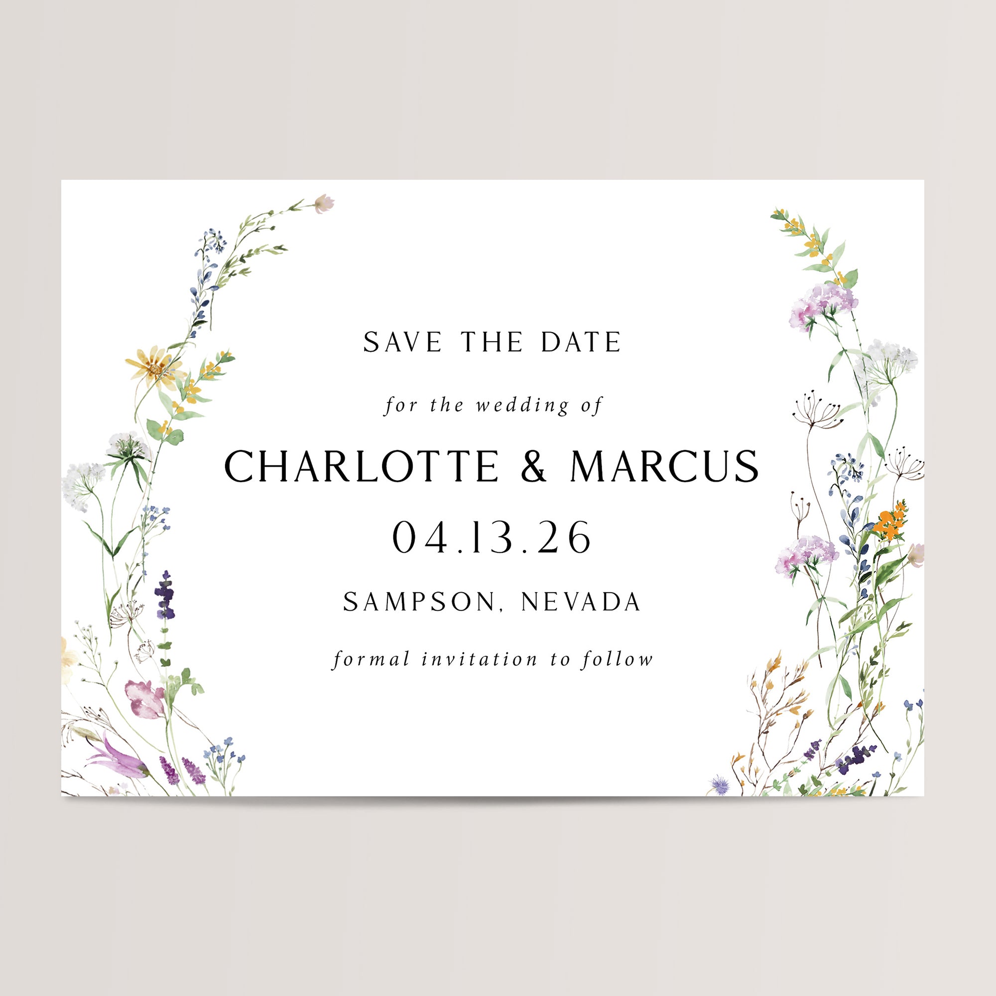 Delicate Wildflowers Wedding Save the Date Cards
Perfect for a spring, summer, or outdoor wedding, these cards feature delicate wildflower illustrations that bring a touch of natural, rustic charm. With a soft, minimalist design, they set a romantic and whimsical tone for your wedding