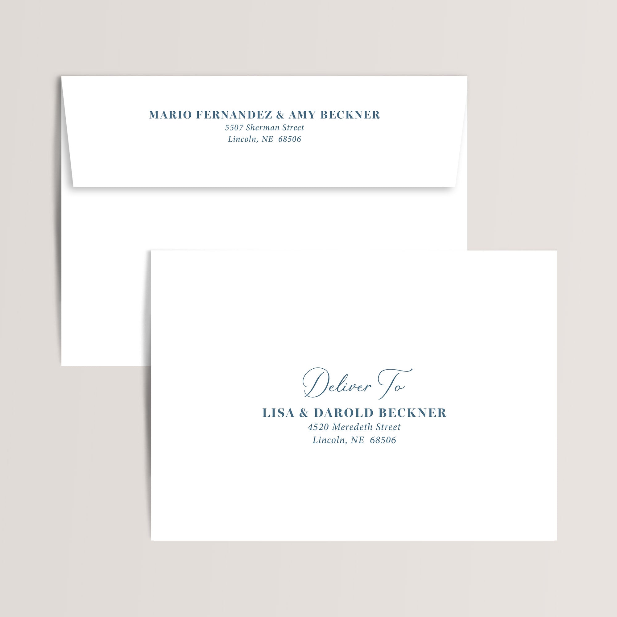 Envelope printing for dusty blue french toile floral wedding invitation suite. Includes the return address and the guest addresses.