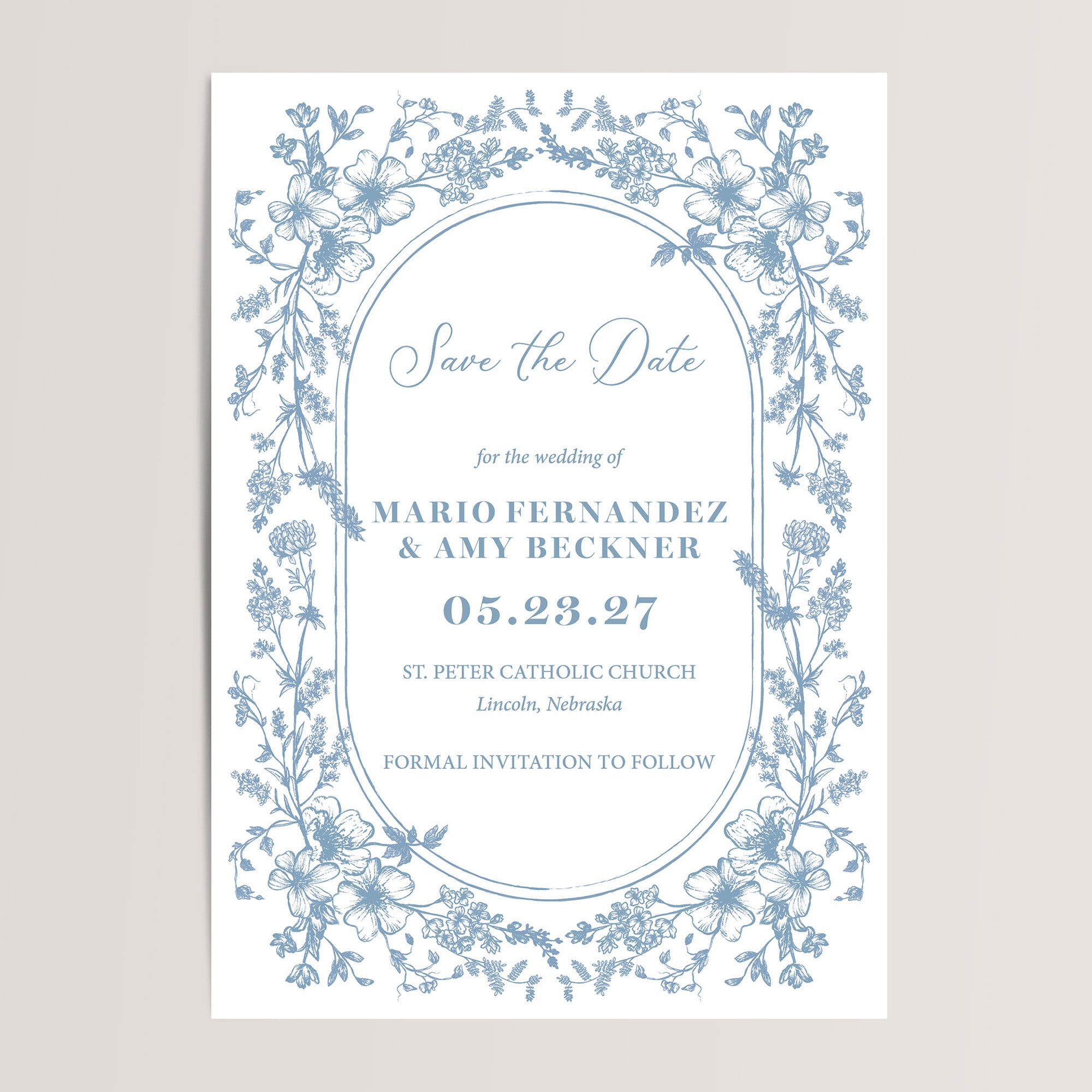 Featuring a dusty blue French toile floral design, these cards are the perfect way to announce your wedding. Ideal for couples looking to set the tone for a cozy and earthy event.