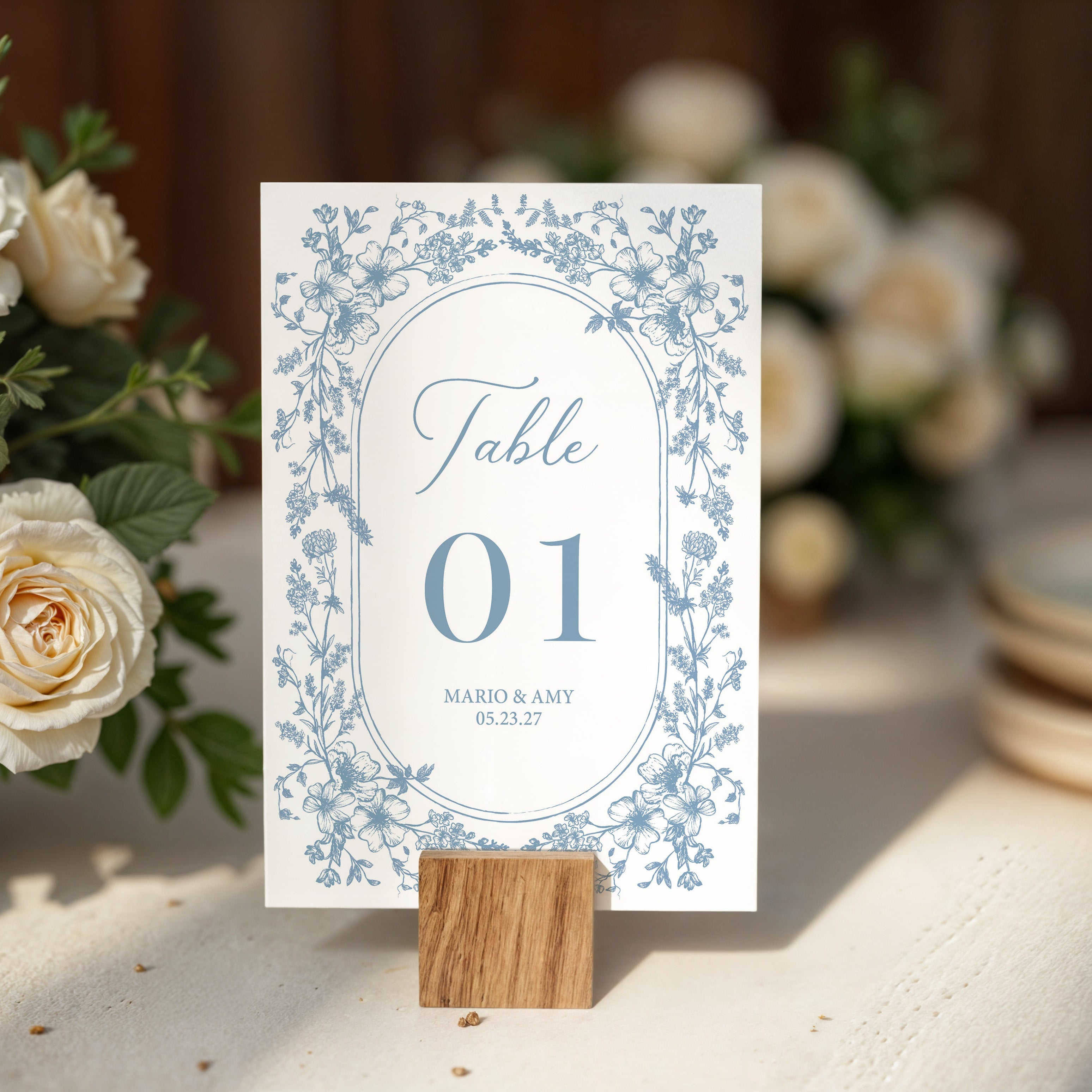 Gorgeous wedding table numbers with dusty blue French toile florals that are printed for you on thick card stock! The design is perfect for any season of wedding and your guests will love them. These work well for an elegant wedding.