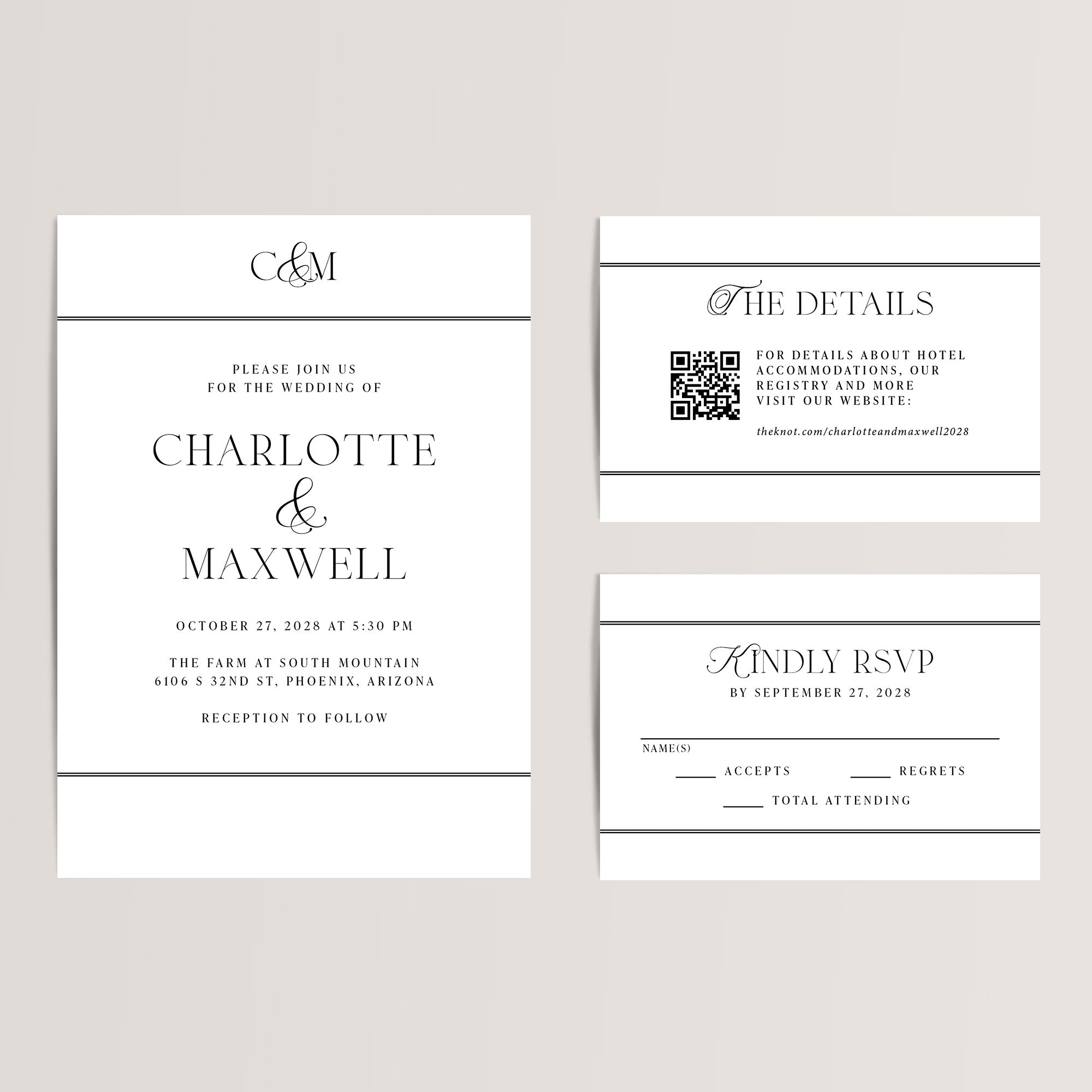 Elegant Monogram Wedding Invitation Suite
Make a timeless statement with our Elegant Monogram Wedding Invitation Suite. Perfect for a sophisticated celebration, this affordable suite includes a wedding invitation, RSVP card, and details card, all featuring a classic black-and-white design with an elegant monogram at the heart of the suite.