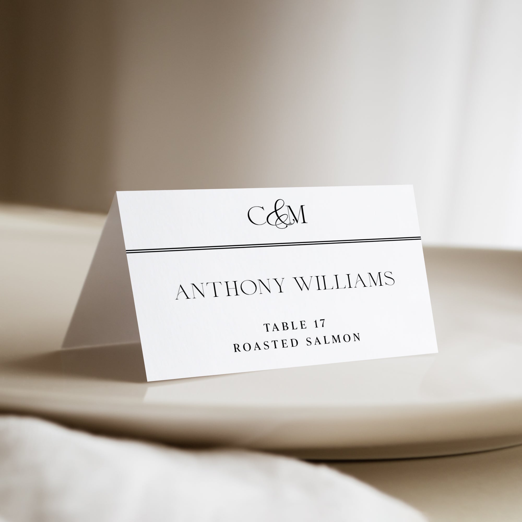 Wedding monogram place card with meal choice that are personalized and printed for you.