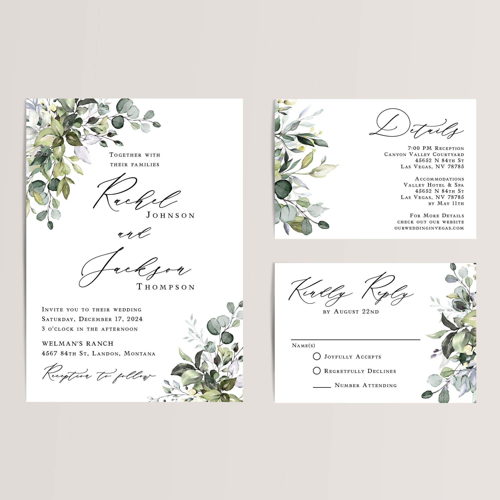 Eucalyptus Greenery Wedding Invitation Suite
Embrace the elegance of nature with our Eucalyptus Greenery Wedding Invitation Suite. Perfect for spring, summer, or outdoor weddings, this affordable suite includes a wedding invitation, RSVP card, and details card, all adorned with beautiful eucalyptus greenery and soft, organic elements.