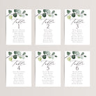 Printed eucalyptus wedding seating chart cards in x7 or 4x6 inches.