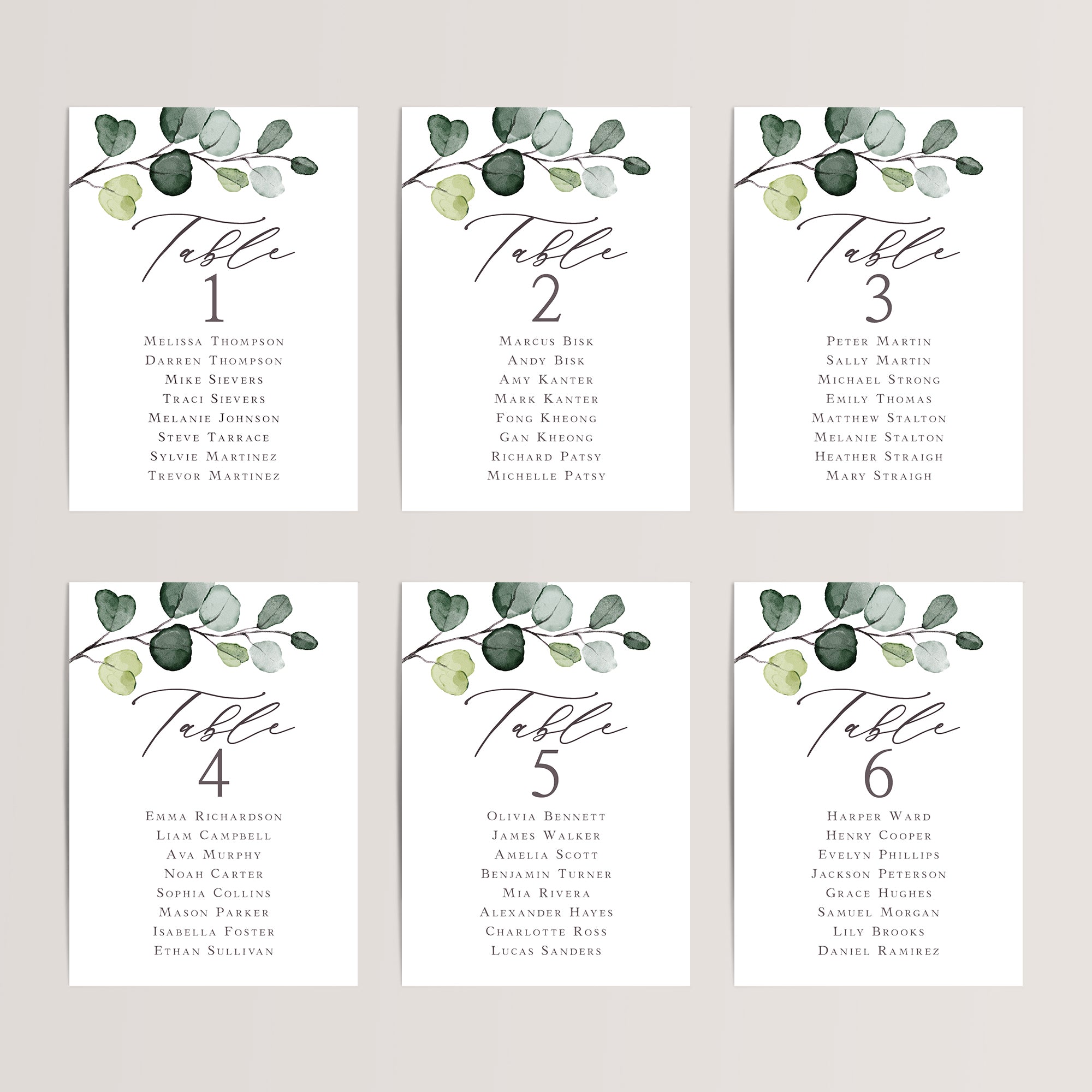 Printed eucalyptus wedding seating chart cards in x7 or 4x6 inches.