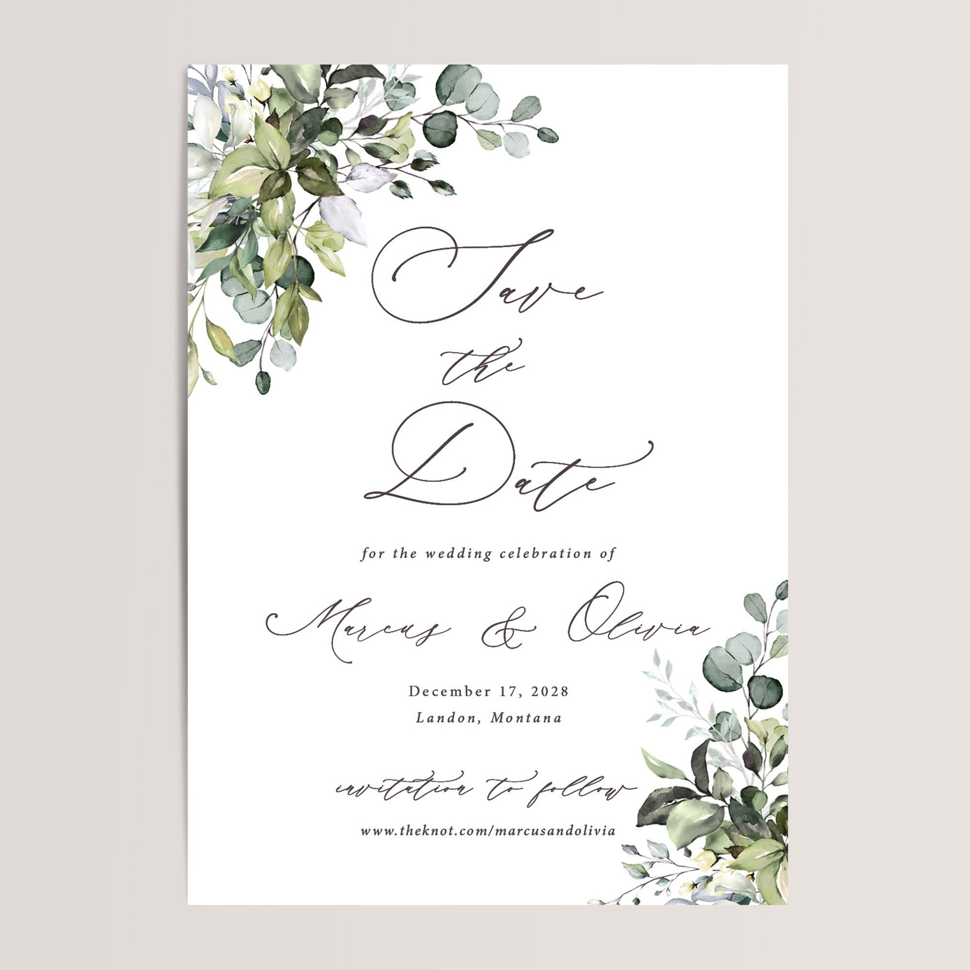 Eucalyptus Wedding Save the Date Cards Featuring Gorgeous Watercolor Greenery
A beautiful and natural way to announce your special day. With delicate watercolor leaves, these cards capture the essence of nature, setting a charming and elegant tone for your upcoming wedding.